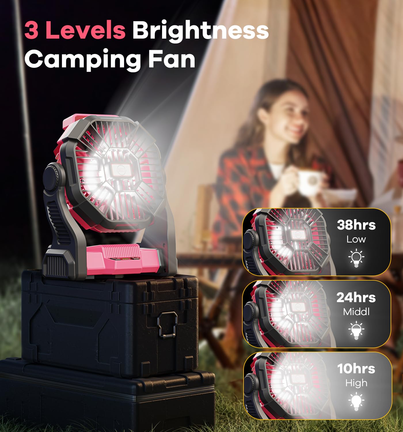 Dowilldo Camping Fan With Led Lantern, 10400Mah Portable Battery Operated Outdoor Fan, Personal Rechargeable Fan For Travel, Hik