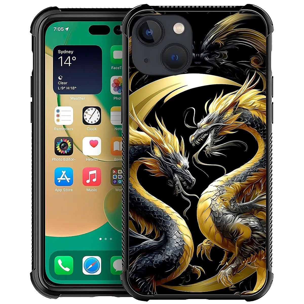 Deaorew for iPhone 15 Case | Classic Slim Cover Design | Golden Black Dragon