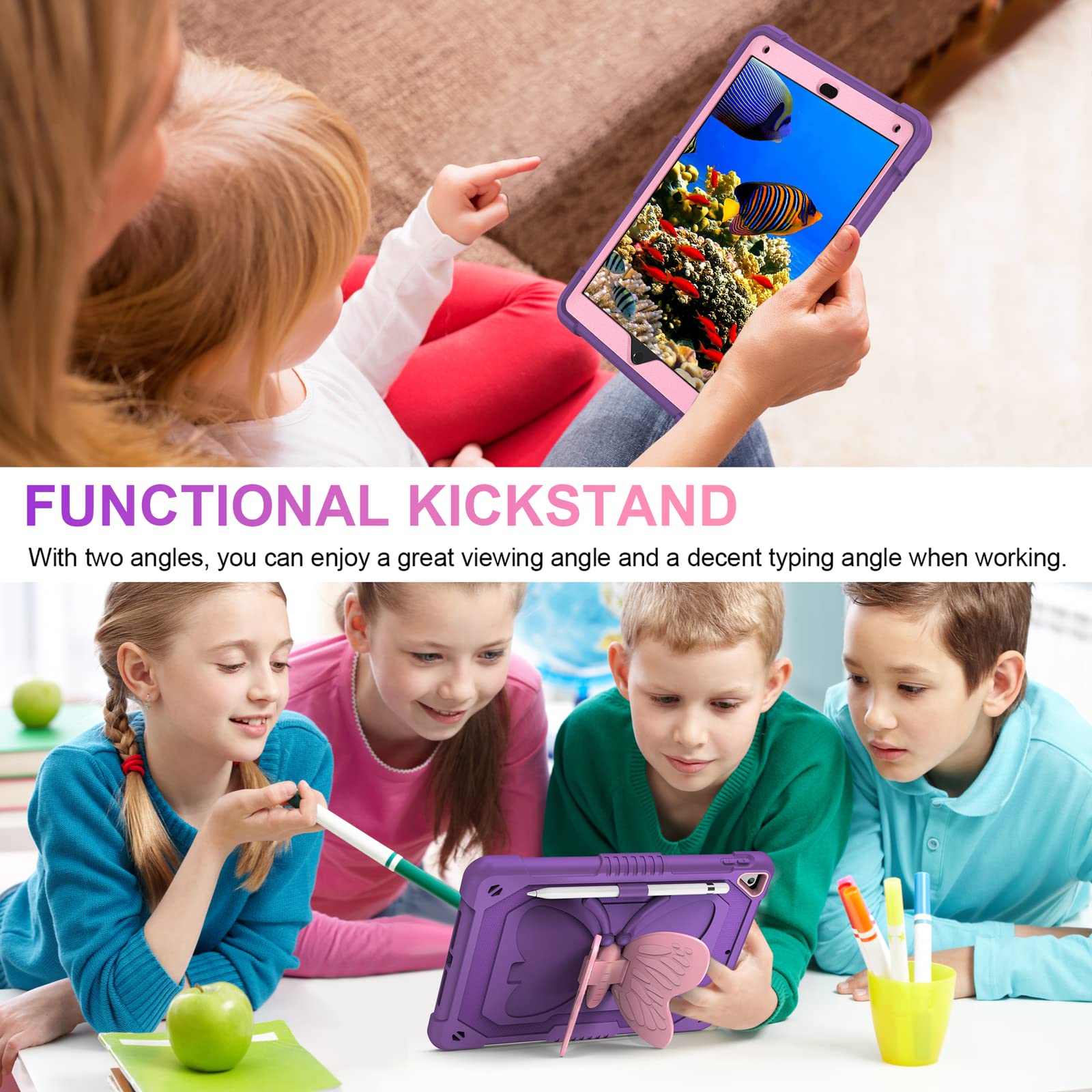 Vofuoe For Ipad 6Th/5Th Generation Case With Screen Protector For Ipad 9.7 Case 2018 2017 Butterfly Stand Strap Dolls Pencil Hol