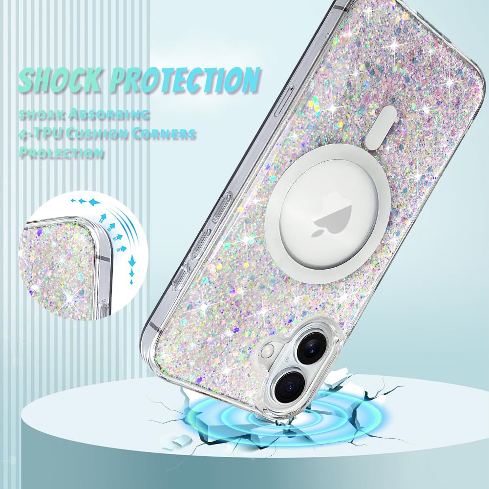 Bonoma For Iphone 16 Case, Sparkly Glitter Bling Back, Magnetic Support For Magsafe Shockproof Case, Crystal And Clear High Duty