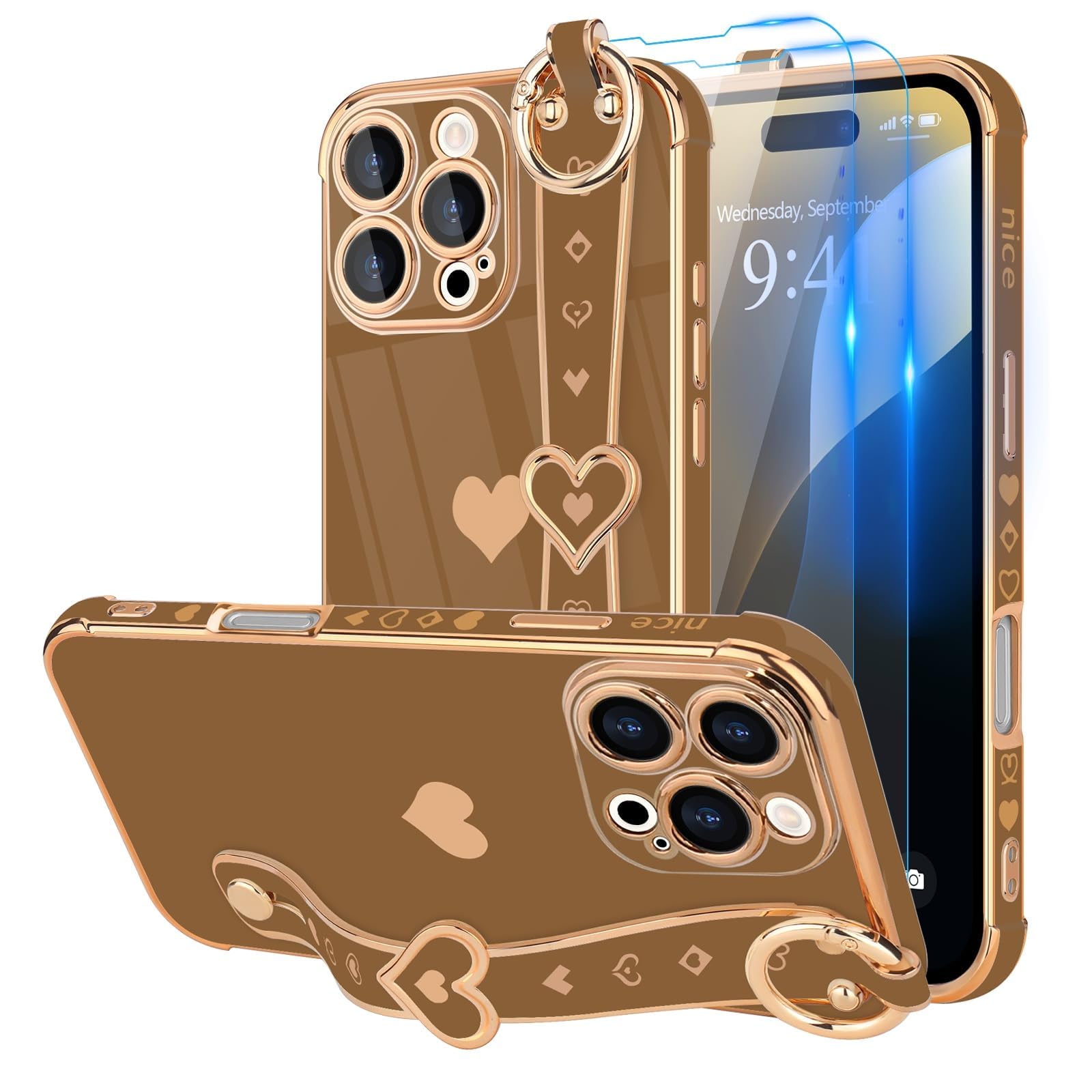 Llz.Coque For Iphone 16 Pro Case With Strap For Women Girls [2   Screen Protectors], Cute Love Hearts Design, Wristband Kickstan