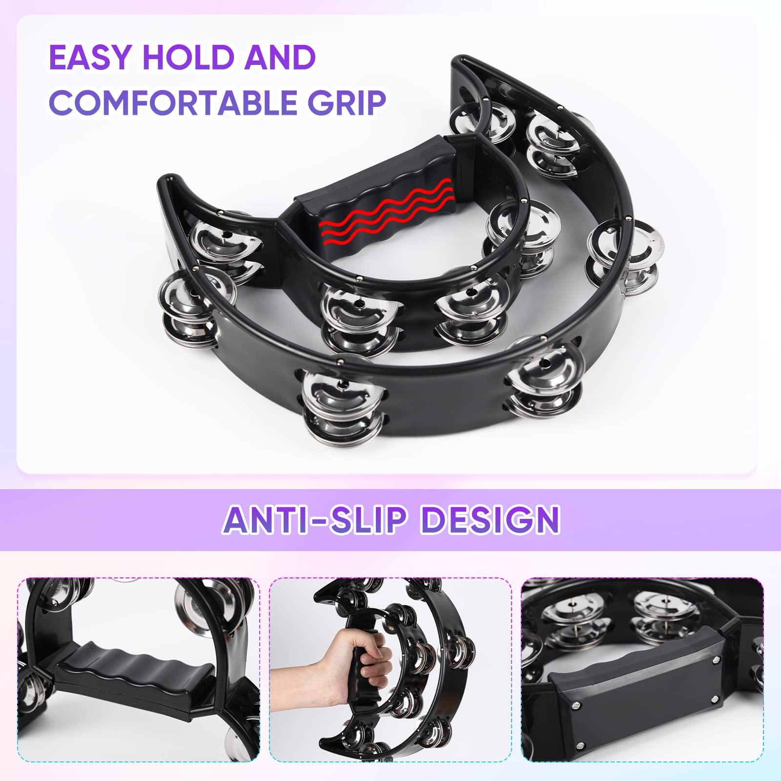 Tambourine Double Row Metal Jingles Bell Hand Held Percussion Half Moon Tambourines Musical Instrument For Adults Kids Party, Kt