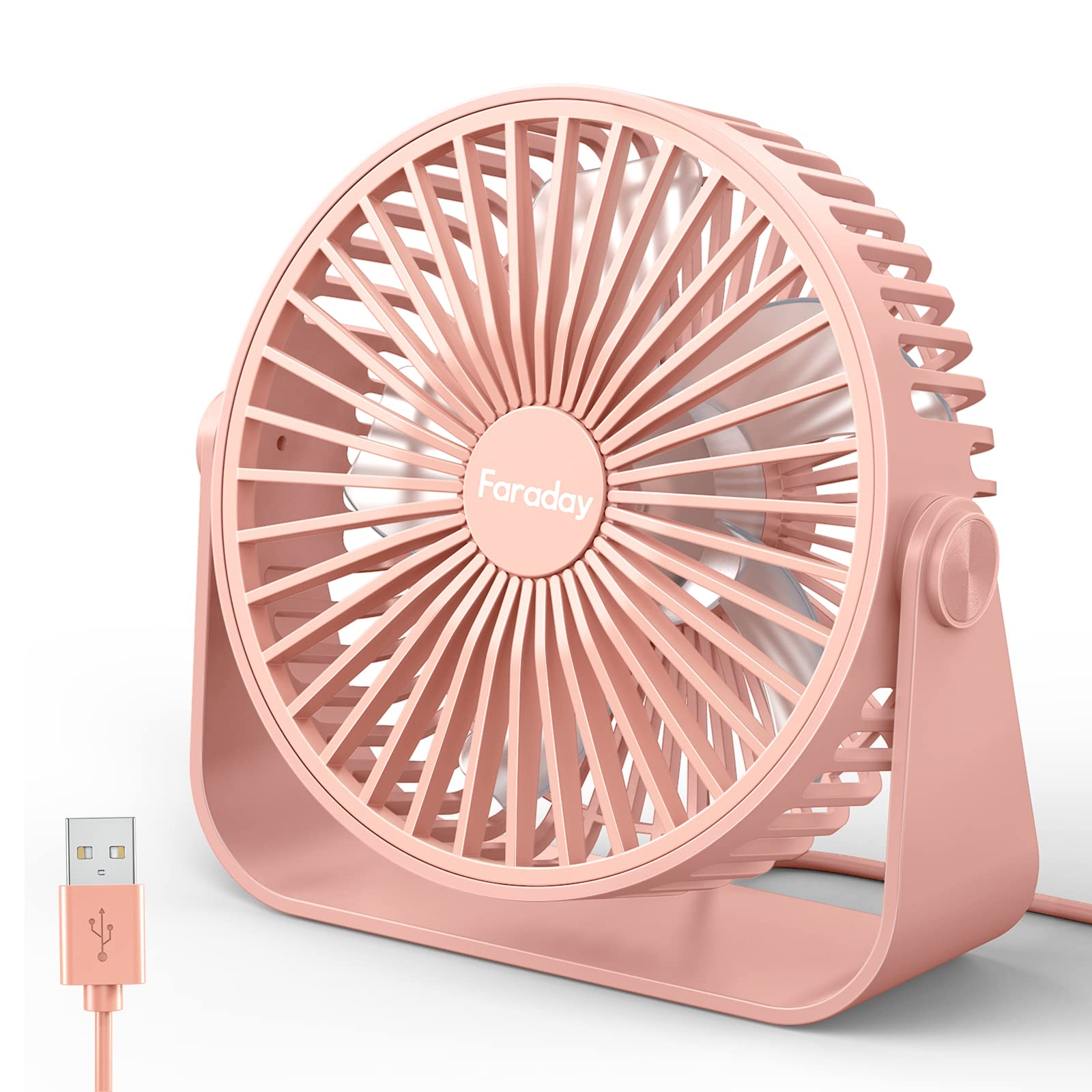 Faraday Usb Desk Fans 5 Inches Portable Table Fans 360 Head Rotation Small Personal Desktop Fan For Home Office, 3 Speeds, Pink