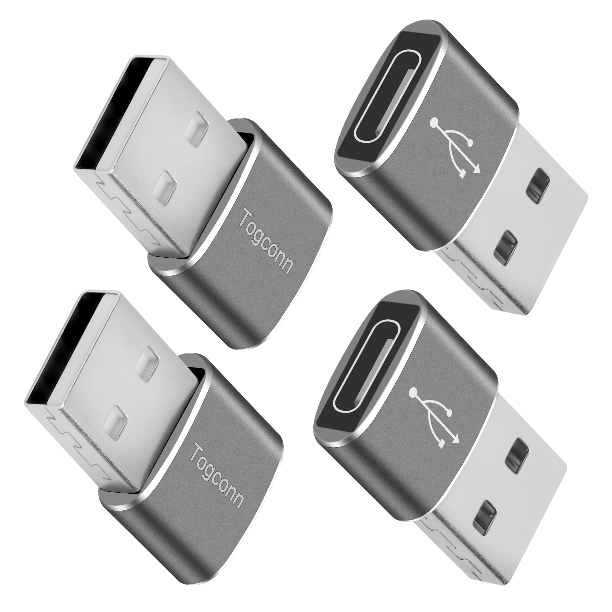 Usb A To Usb C Adapter (4 Pack), [Slim Design, Side By Side Use] Usb 2.0 (Male) To Usb C (Female) Charger Converter Connector Fo