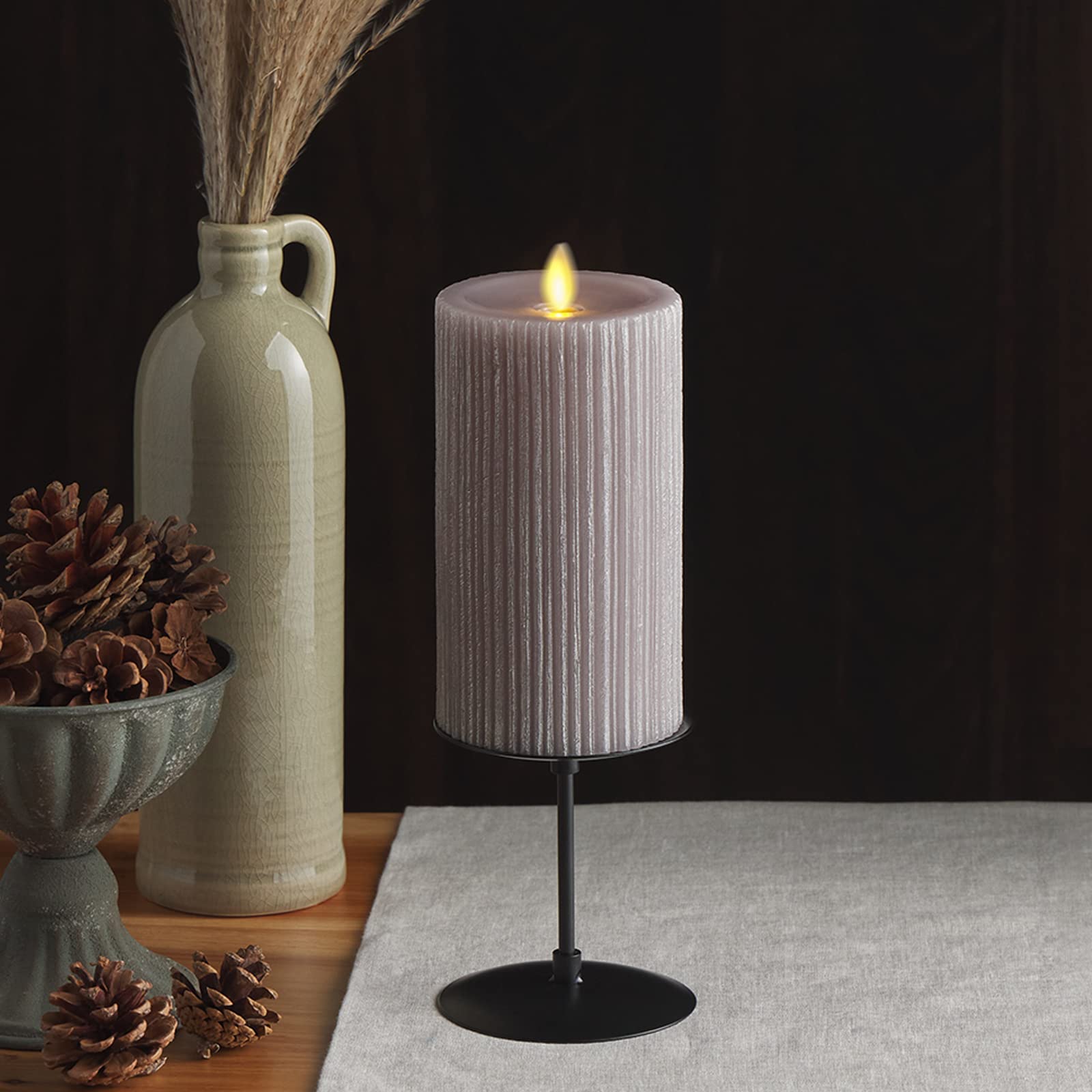 Luminara Flameless Led Candle (3.25X6.5) With Embossed Metallic Furrow, Moving Flame Led Pillar, Real Wax With Recessed Edge, Ba
