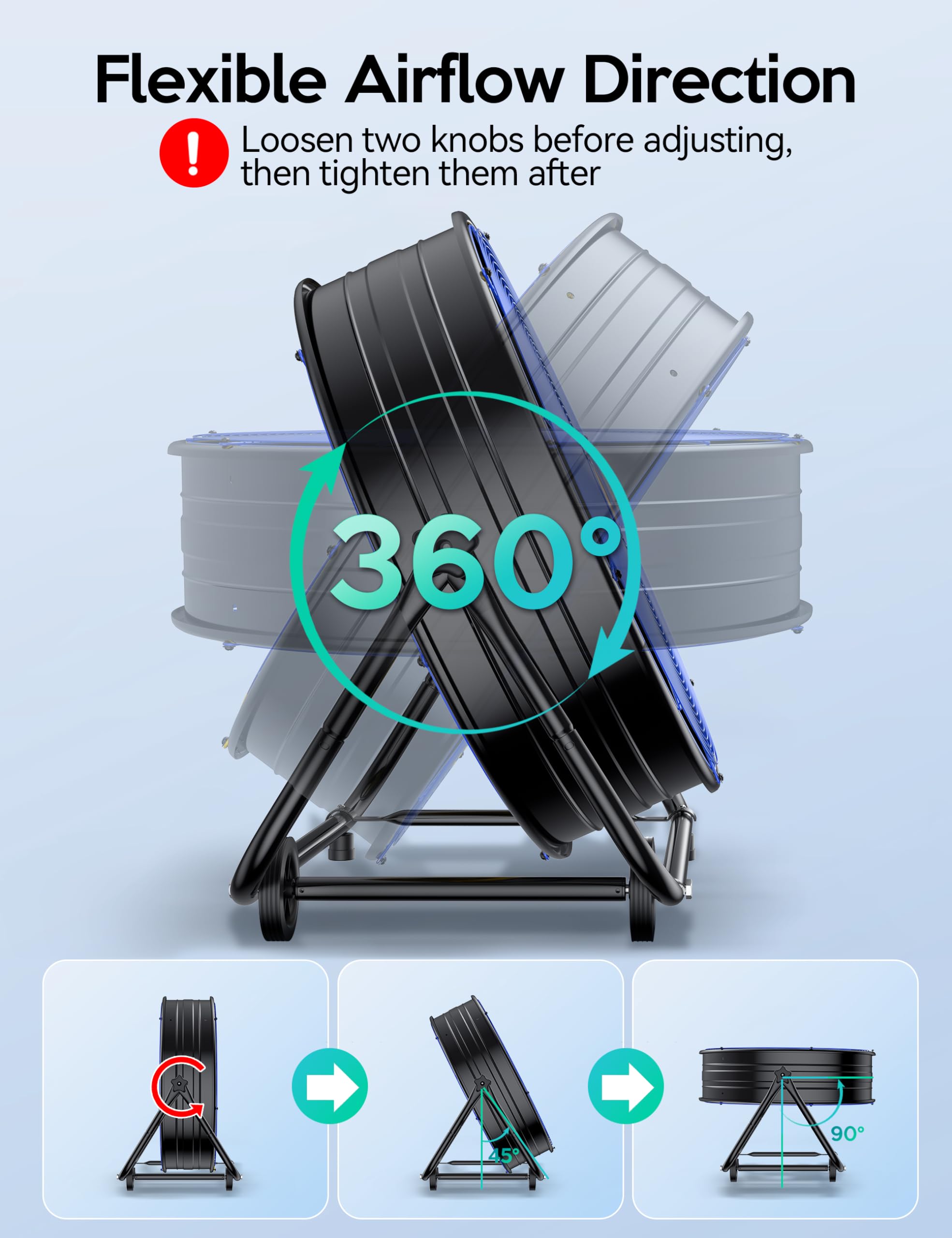 Vagkri 24 Inch Industrial Drum Fan, 320W High Velocity Floor Fan, 3 Speed Heavy Duty Metal Air Circulator, 360 Tilt With Casters