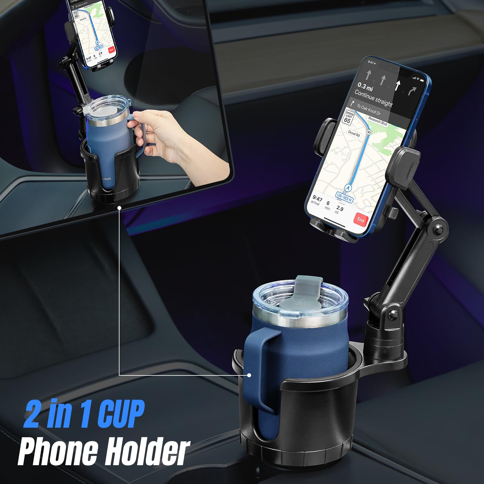 Cup Holder Phone Mount For Car,Upgraded 2 In 1 Car Cup Phone Holder Expander With Adjustable Base,360 Degree Rotation,This Hill