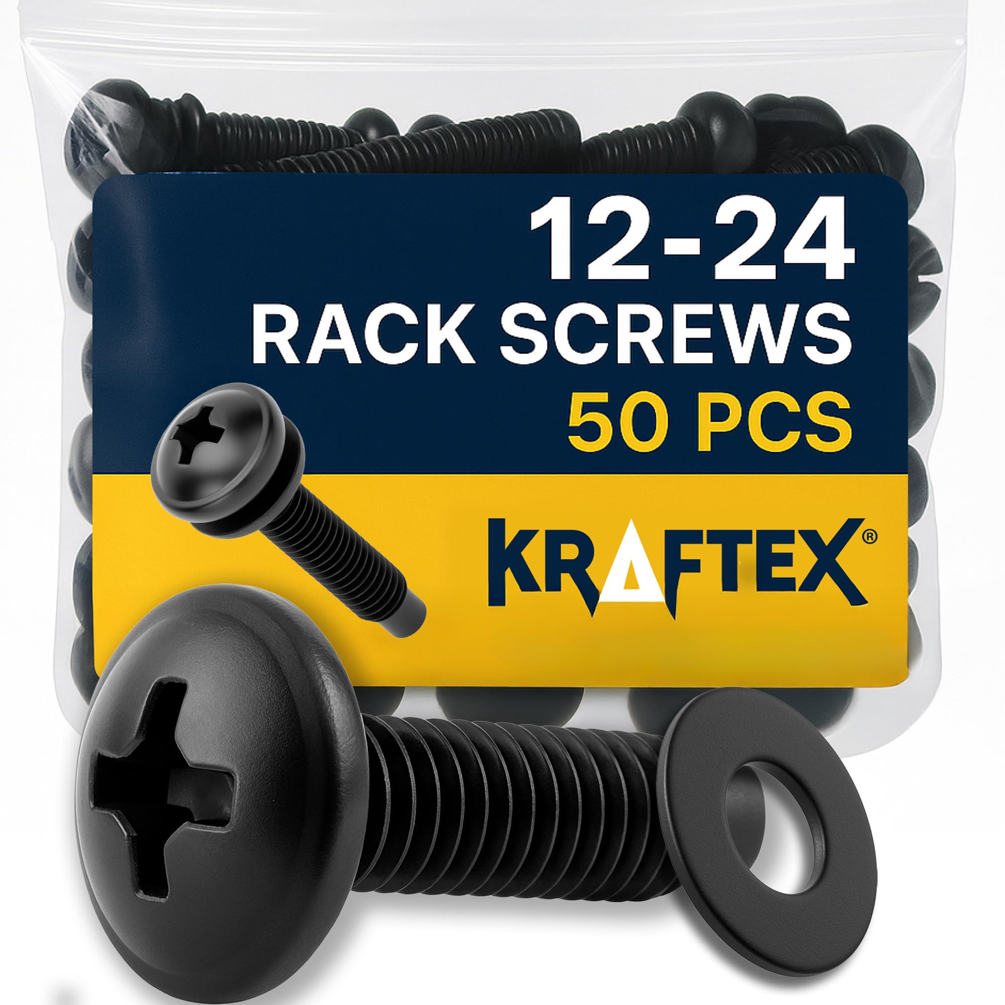 12-24 Rack Screws [50pk] - Rack Mount Screws with Nylon Washers for Server, Network, and Audio Equipment
