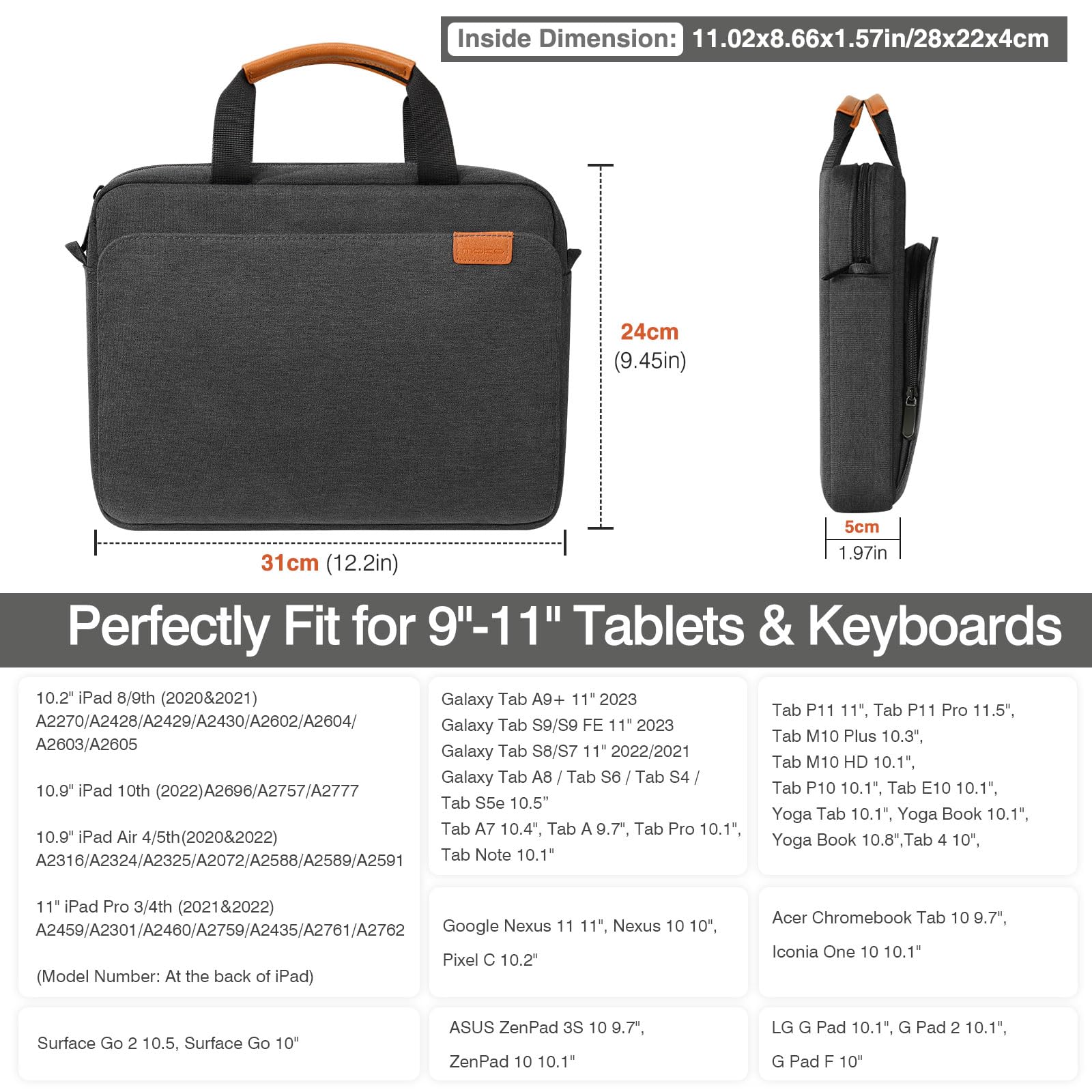 Moko 9 11 Inch Tablet Sleeve Case, Protective Handle Shoulder Bag Fits iPad Air 5/4th 10.9, iPad 10th Gen. 10.9, iPad Pro 11, iPad 9/8/7th 10.2, Tab S8/S9 11', Surface Go 2/3 10.5, Black & Gray