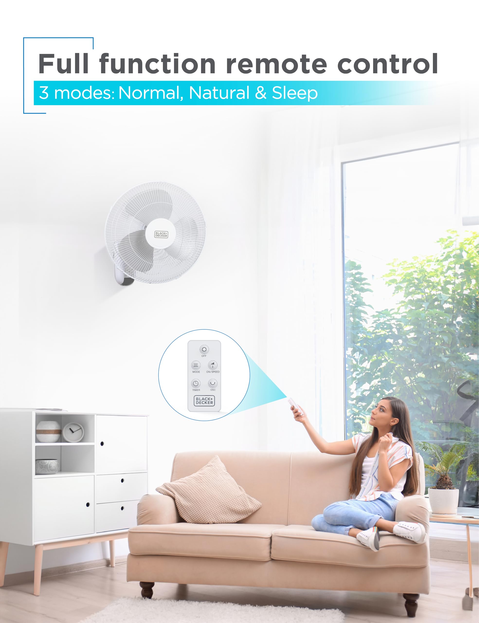 Black+Decker 16'' Wall Fan With Remote Control, Oscillating Fan With 3 Speed Settings And Shut Off Fan Timer, Wall Mount Fan Wit