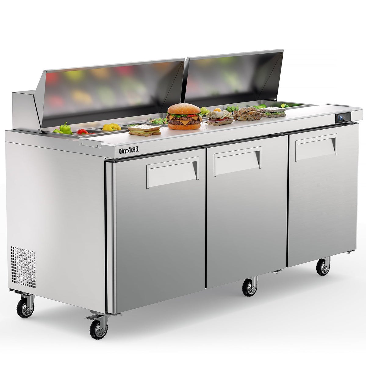 Coolski 72.7 W Commercial Salad Bar Refrigerator 3 Door, Refrigerated Salad/Pizza/Sandwich Prep Table For Restaurants/Bars, Etl 