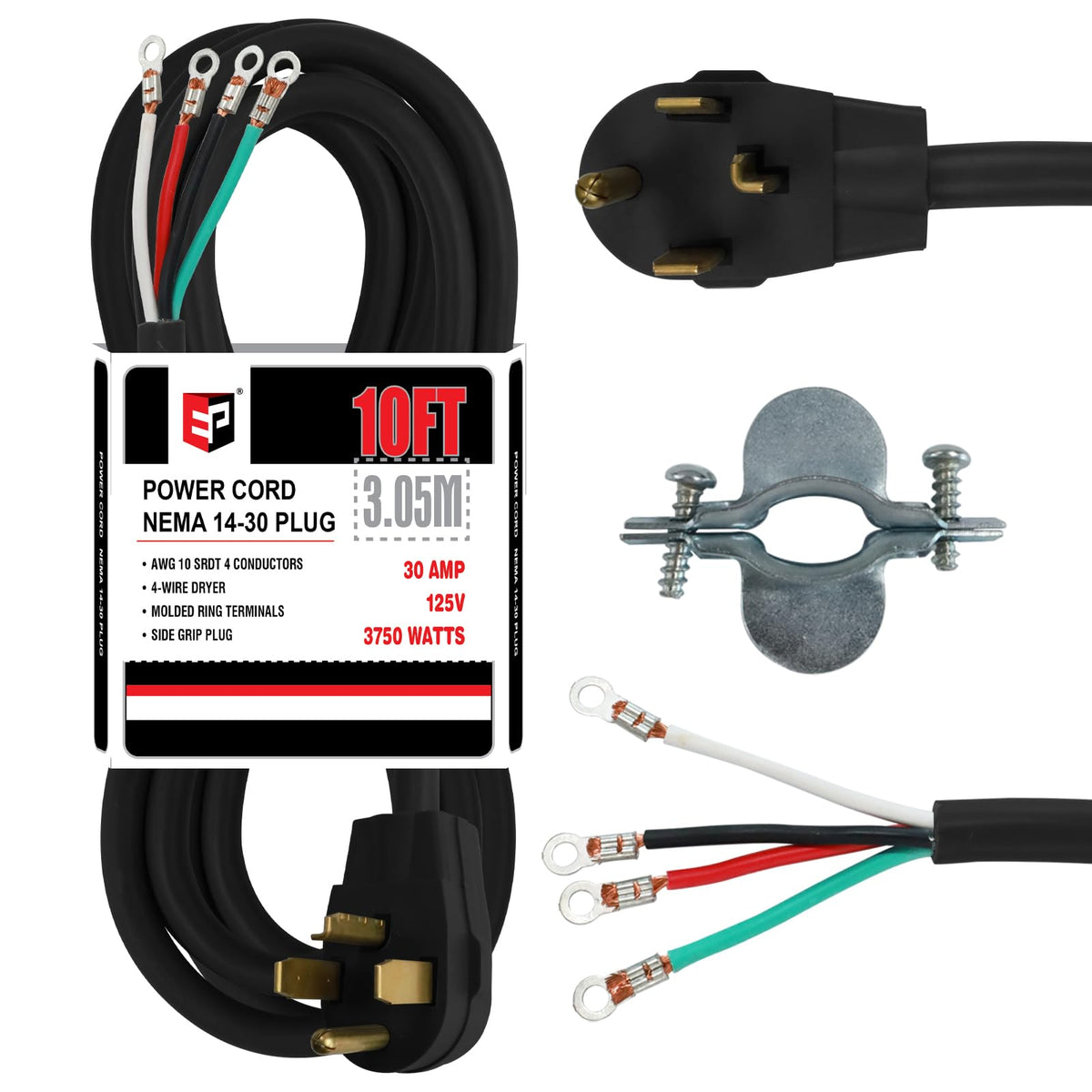Ep 4 Prong Dryer Cord, 10 Ft 10/4 Srdt, 30Amp Appliance Extension Power Cord, Nema 14 30, Black