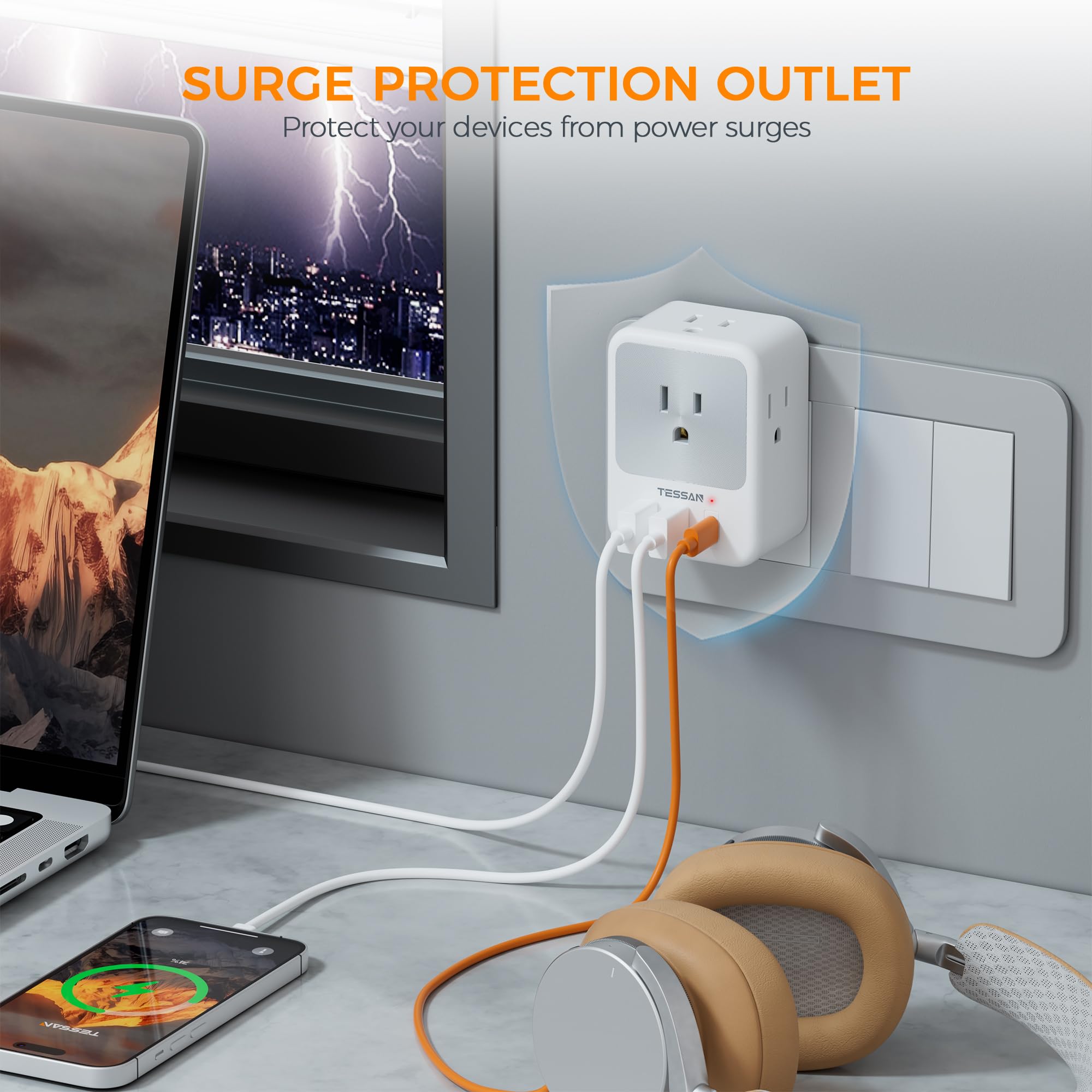 Surge Protector Wall Outlet Extender, Tessan Multi Plug Outlet Splitter With 3 Usb Charging Blocks(1 Usb C), Multi Plug Outlet A