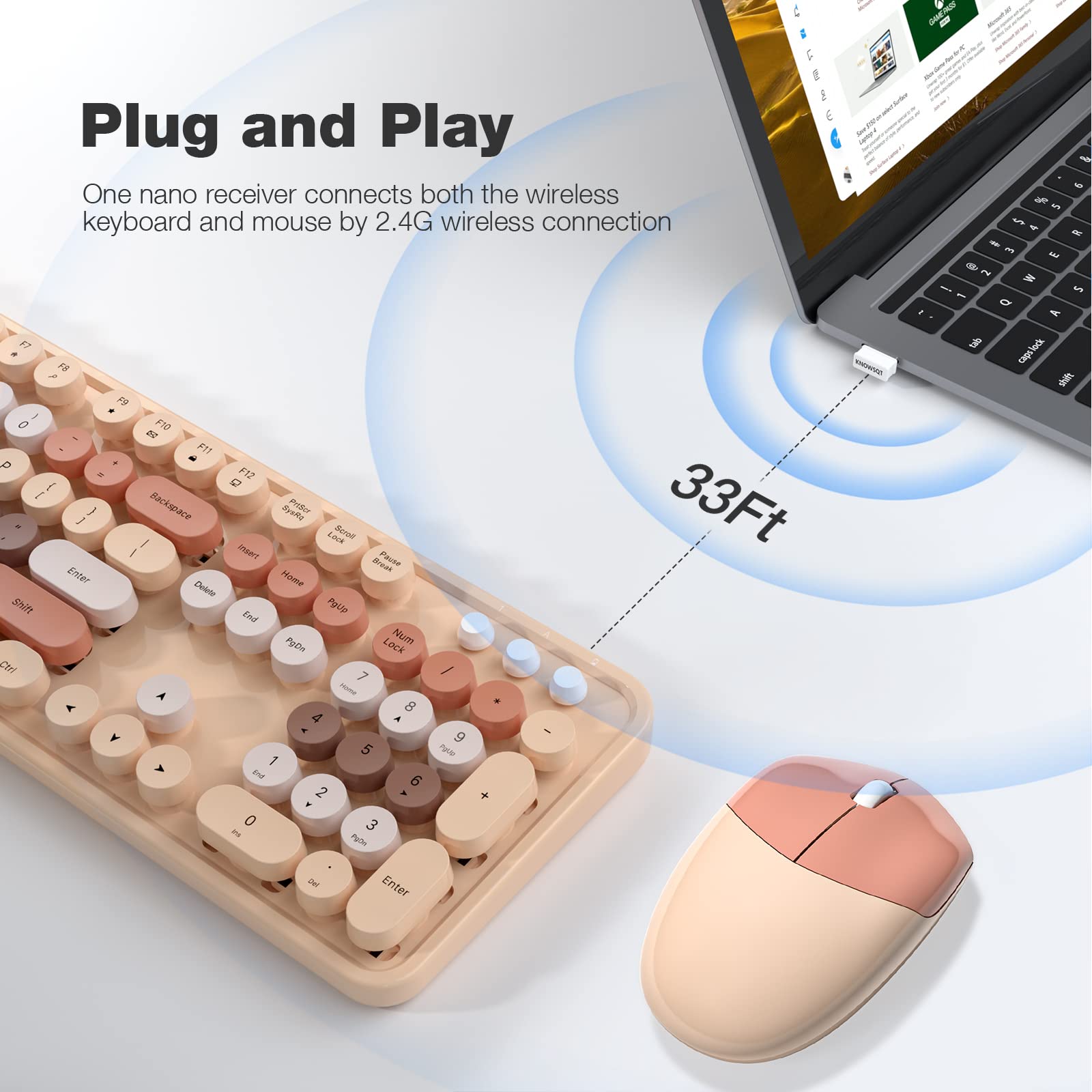 Knowsqt Wireless Keyboard And Mouse Combo, Milktea 104 Keys Full Sized 2.4 Ghz Round Keycap Colorful Keyboards, Usb Receiver Plu