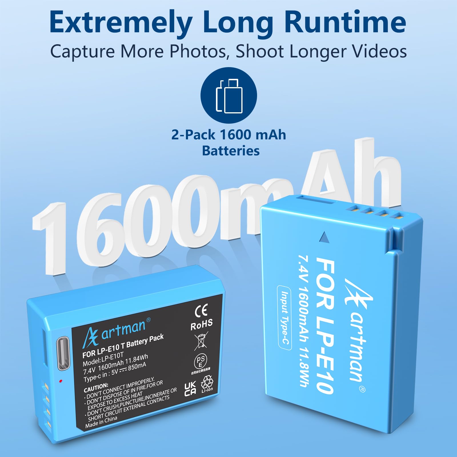 A Artman 2-Pack LP-E10 Battery 1600mAh with Type-C Cable Charger for Canon EOS Rebel T7 T6 T5 T3 T100 Digital Cameras