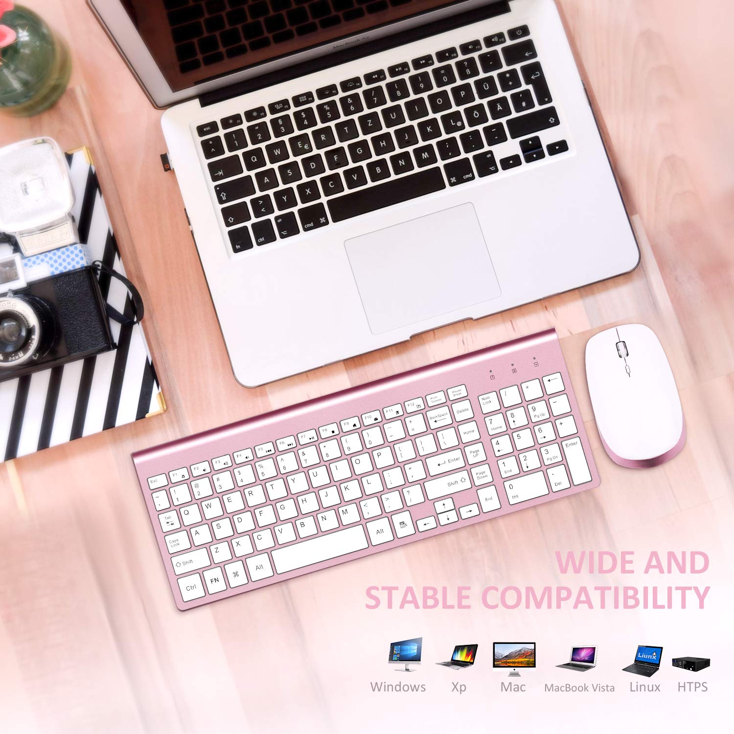 Wireless Keyboard And Mouse, Fenifox Full Size Whisper Quiet Compact Compatible With Mac Pc Laptop Tablet Notebook Windows   Rose Gold Pink