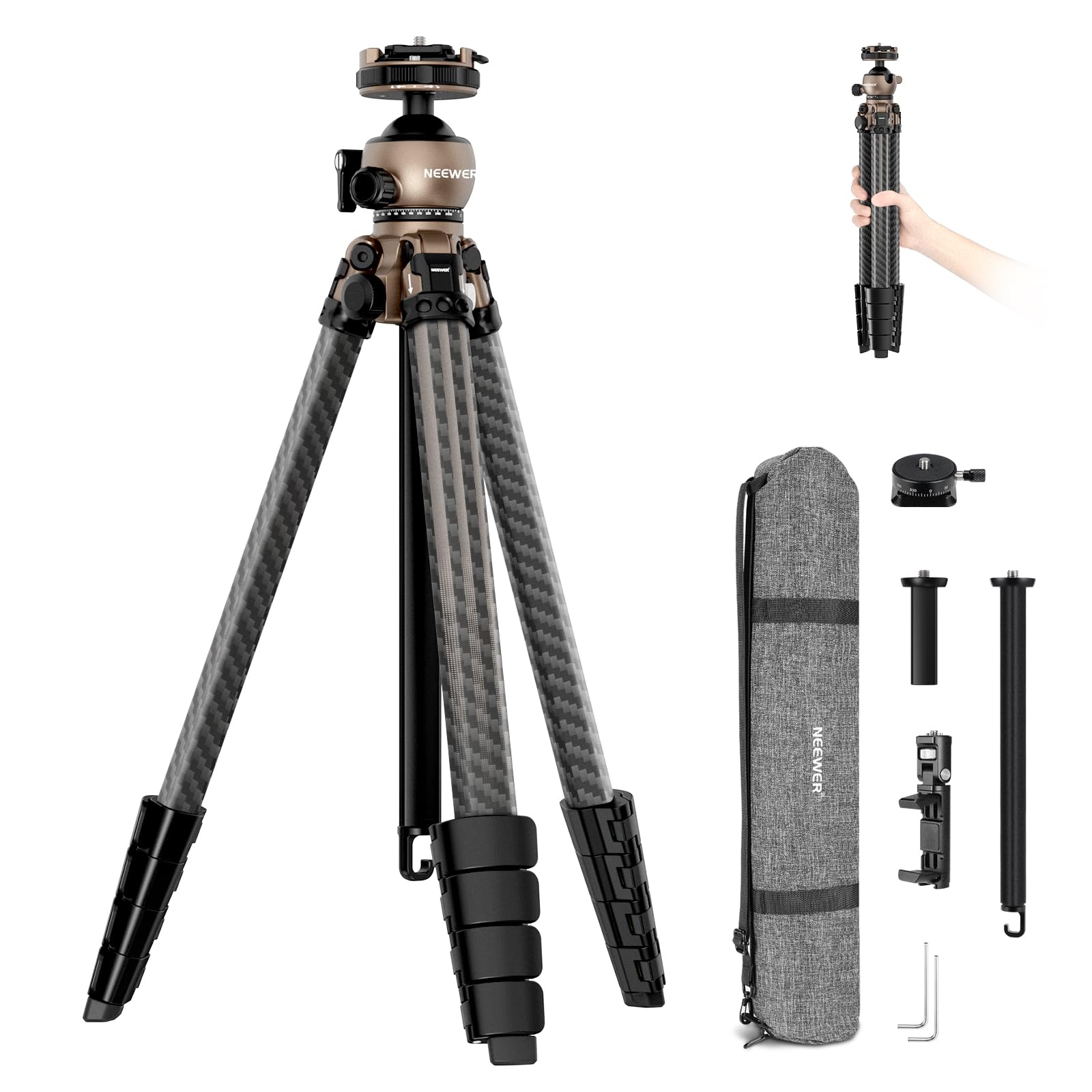 NEEWER LITETRIP LT35 61  Travel Tripod Carbon Fiber w Pan Tilt Low Profile Ball Head, Arca QR Plate Compatible with Peak Design 