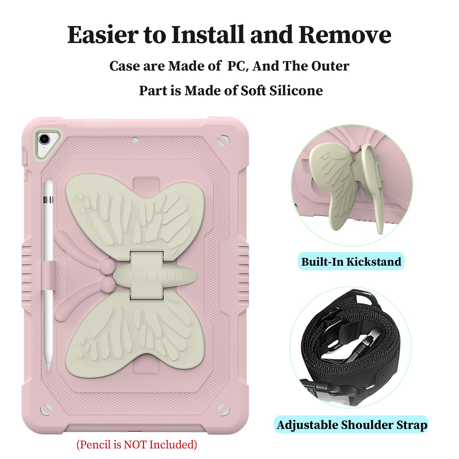 Hogenl For Ipad 9Th 8Th 7Th Generation Case For Kids Girls With Pencil Holder,For Ipad 10.2 Case With Butterfly Stand Shoulder S