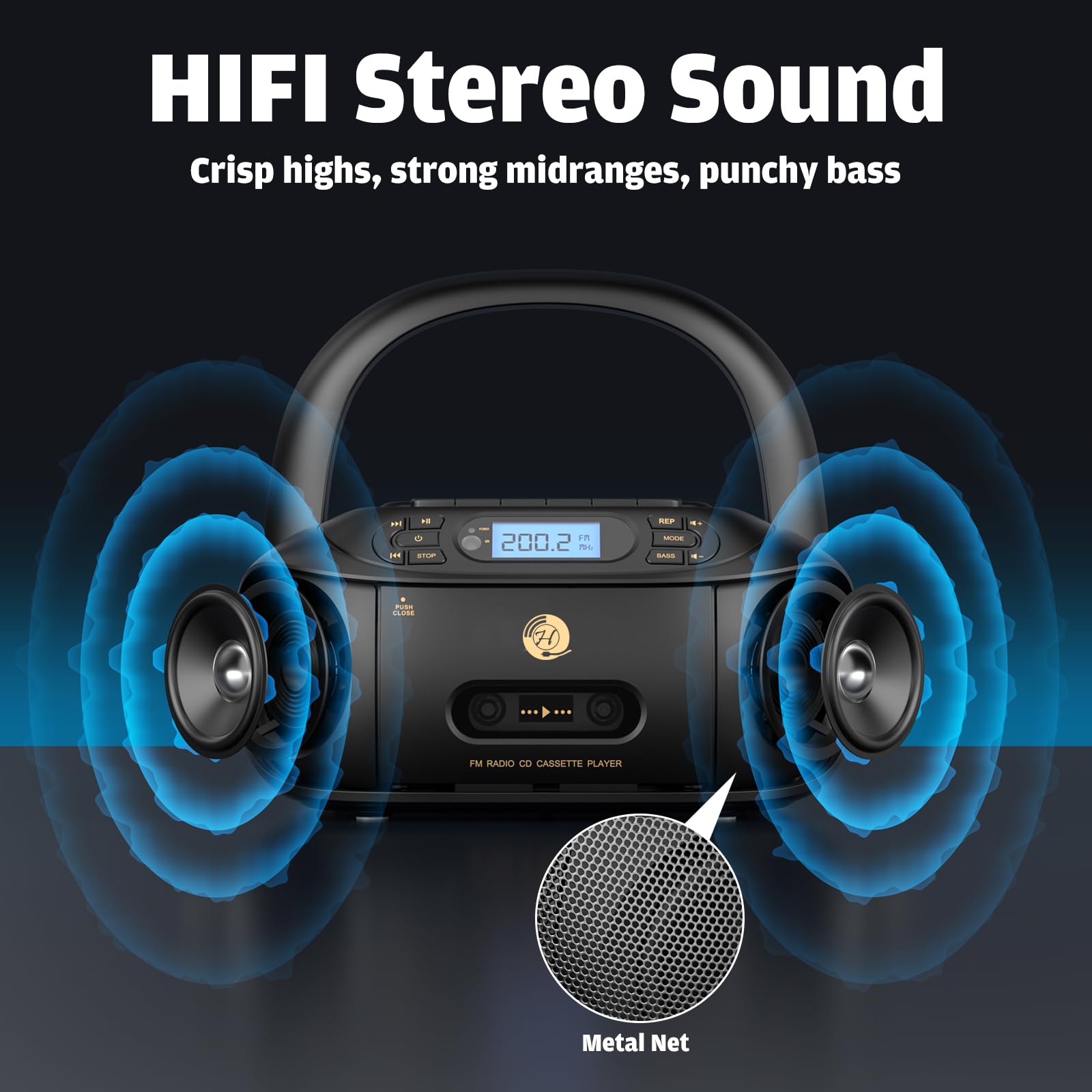 Cd Cassette Player Combo, Hernpark Rechargeable Boombox With Bluetooth 5.1, Tape Recording, Fm Radio, Super Bass, Stereo Sound,