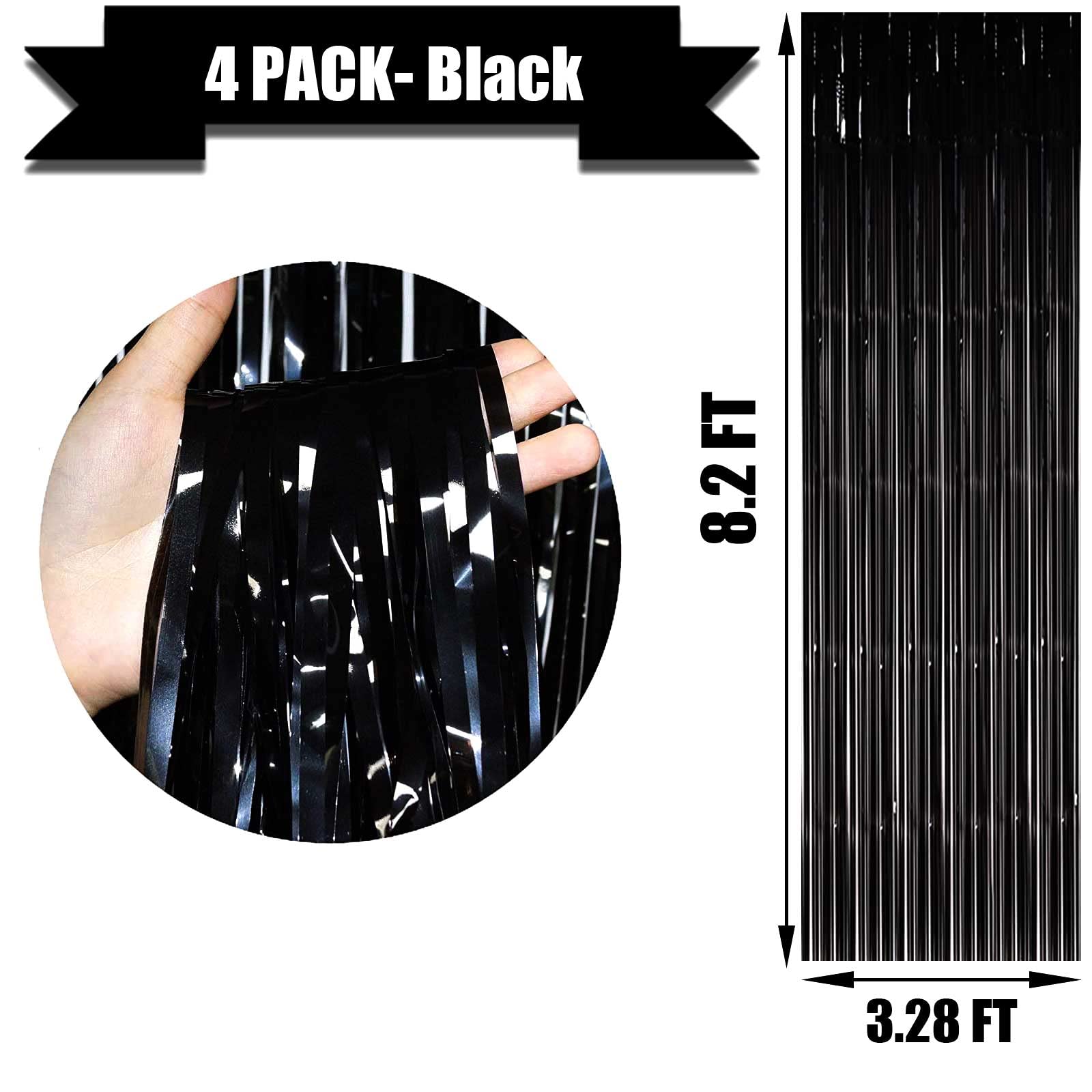Halloweendecorate 4 Pack Black Foil Fringe Curtain Backdrop, 3.28Ft X 8.2Ft Metallic Tinsel Streamer Curtains For Party, Photo B