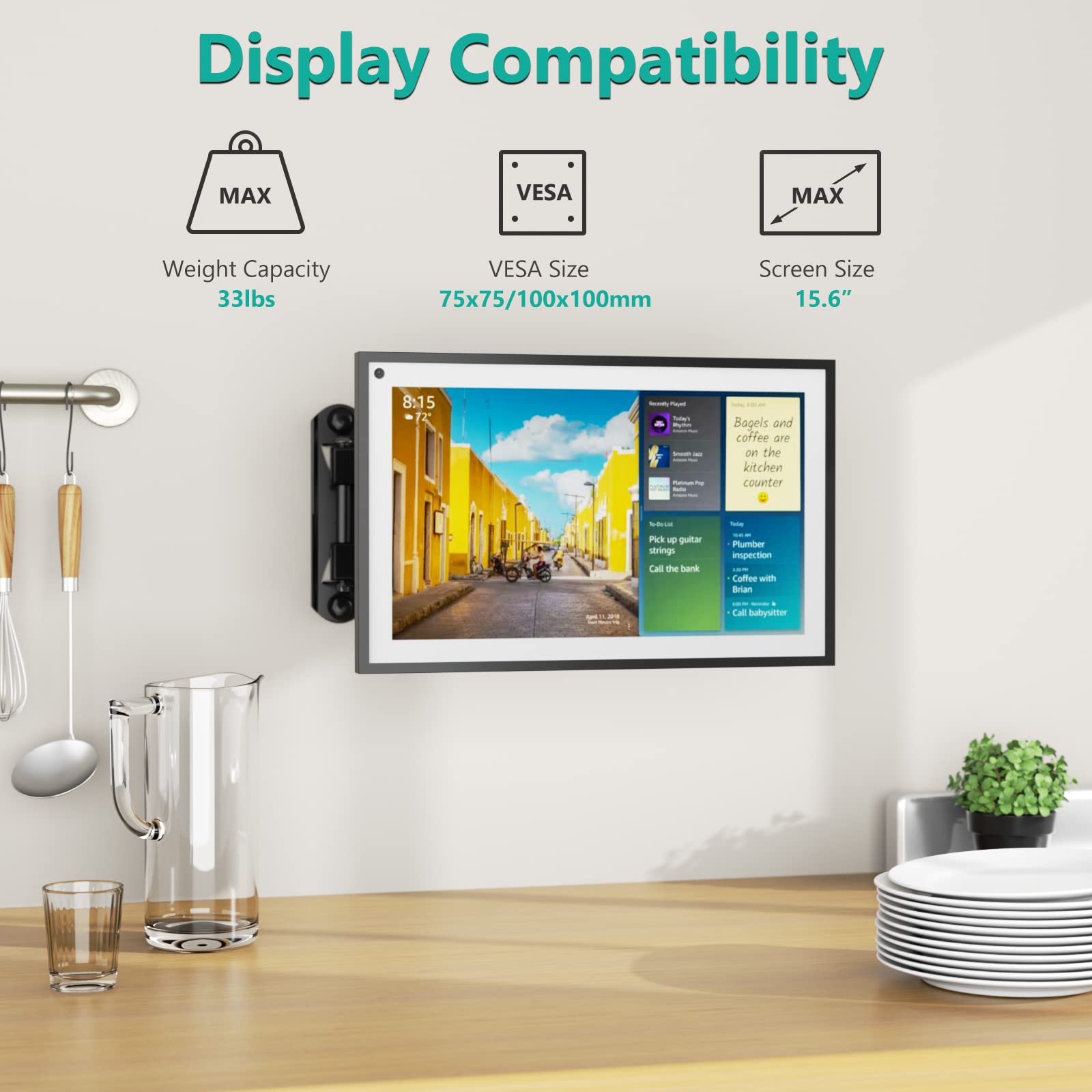 WALI Mount for Echo Show 21, Echo Show 15, Adjustable Wall Mounting Bracket with Heavy Duty 15� Extension Arm, Rotate Tilt Swivel for Alexa Echo Show 21, Echo Show 15, Holds up to 33lbs, Black