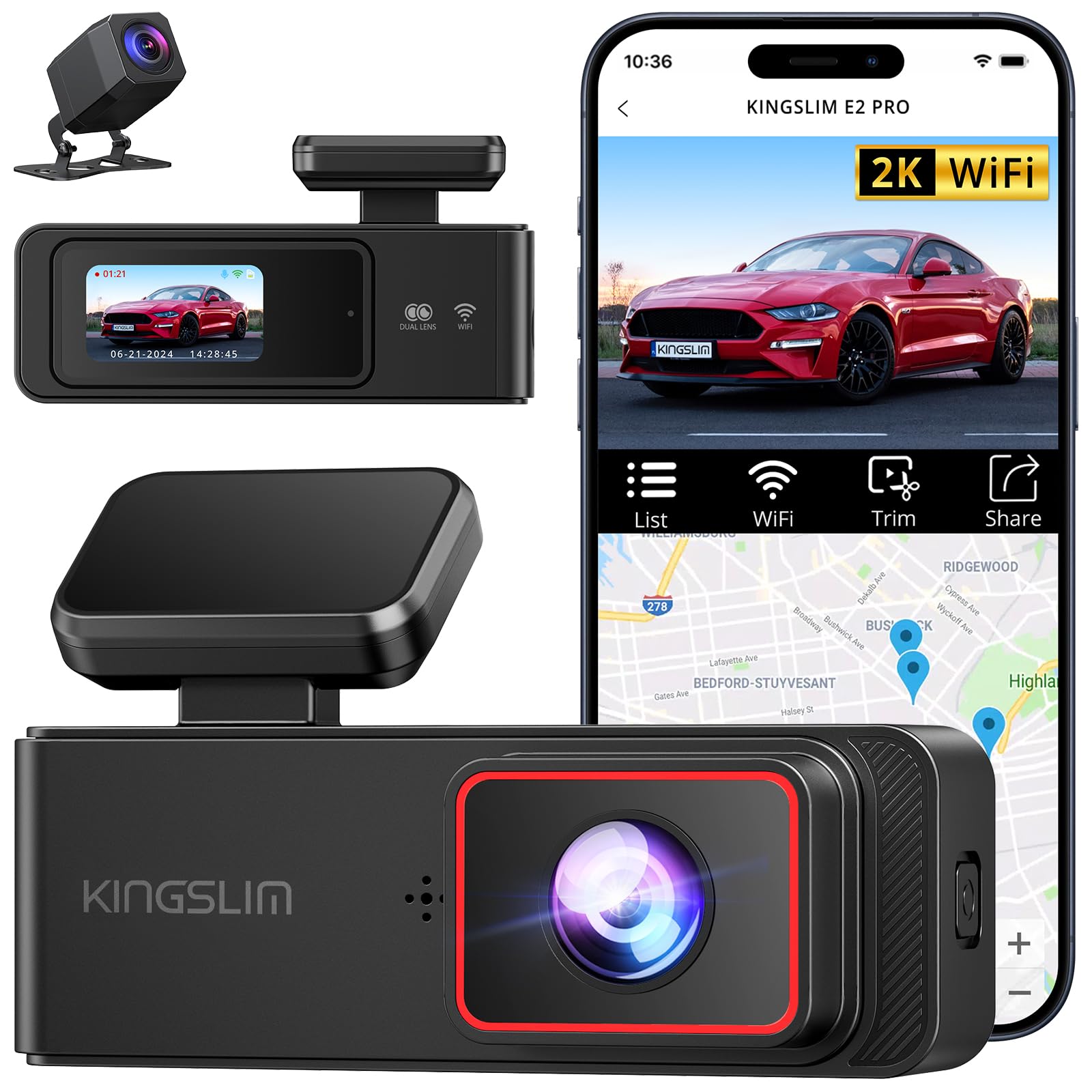 Kingslim Dash Cam Front And Rear 2K+1080P, Mini Wifi Dash Camera For Cars Dual Dashcam Parking Monitor, Loop Recording, Car Came