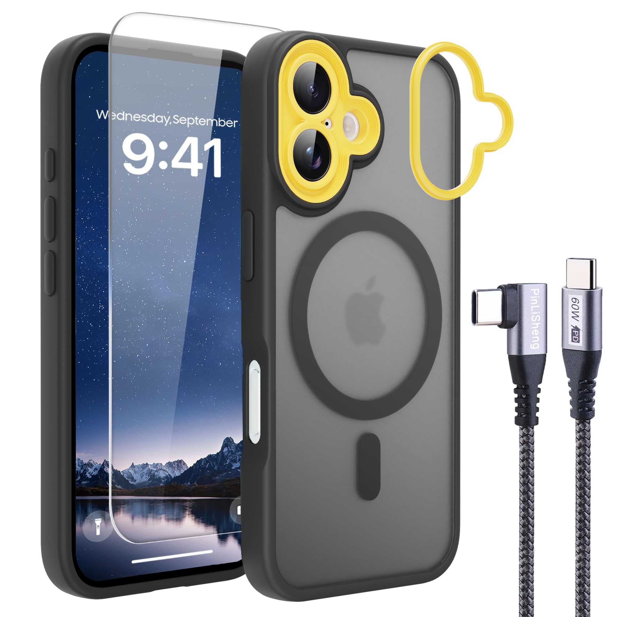 Pinlisheng 4 In 1 Magnetic For Iphone 16 Case [With 1X Screen Protector, Braided Cable, Removable Lens Case] [Milgrade Drop Pro