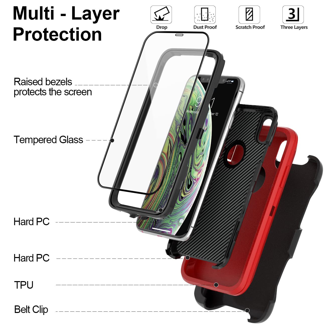 BypaBox iPhone Xs Max Heavy Duty Phone Case with Belt Clip Holster Kickstand Plastic Red Black 6.5 inch