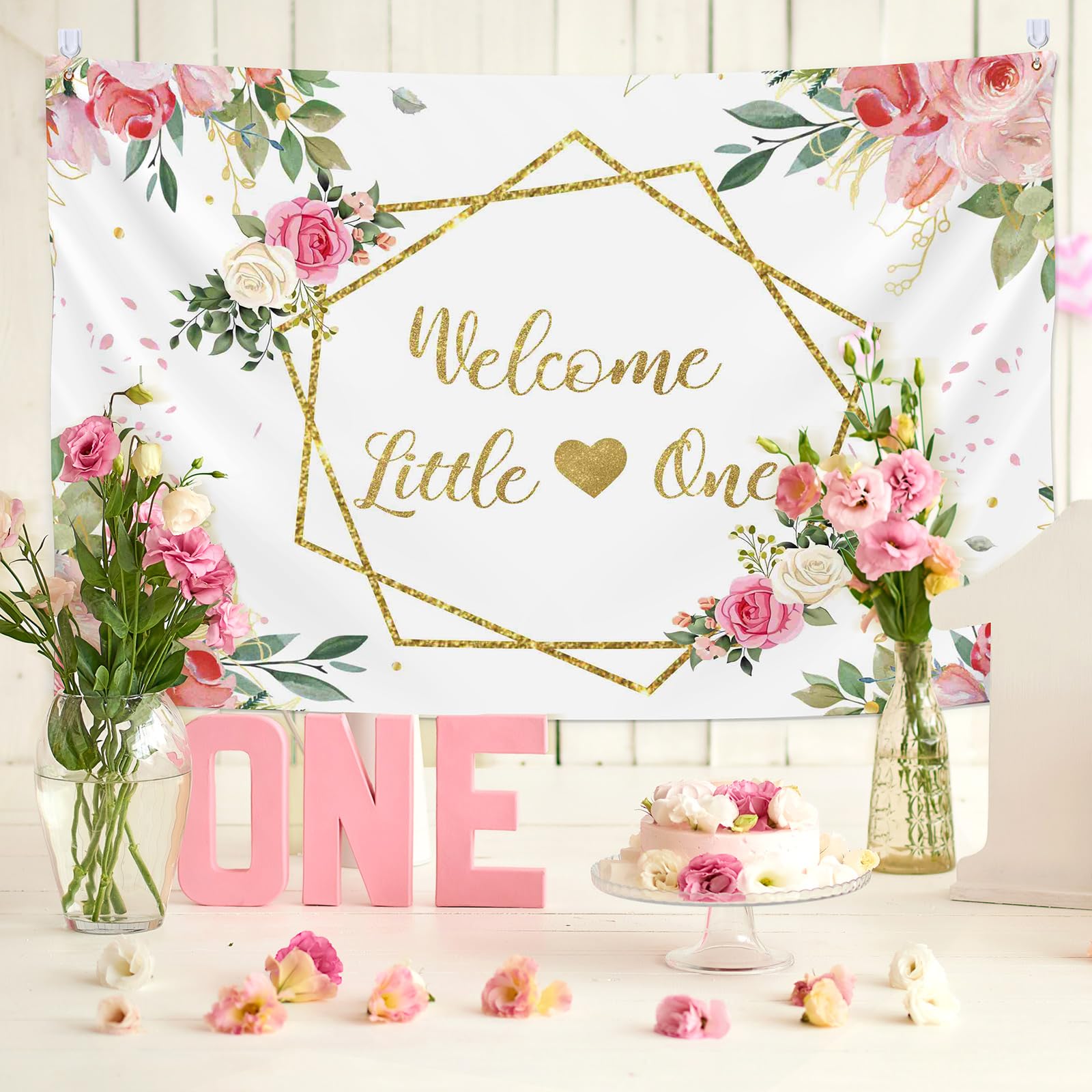 Newwiee Floral Baby Shower Theme Backdrop For Neutral Welcome Little One Photography Background Glitter Gold Lines Baby Shower T