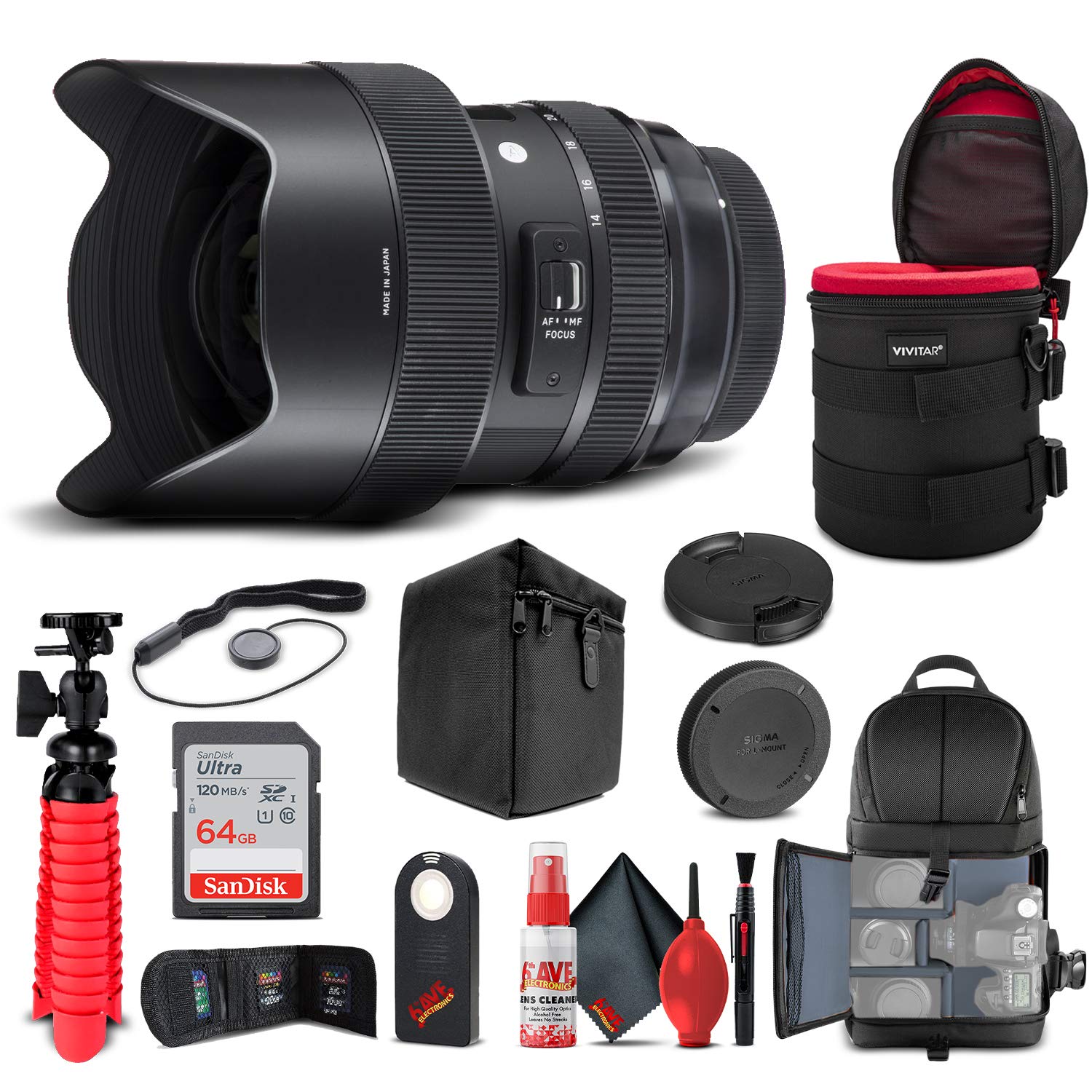 Sigma 14-24mm f/2.8 DG HSM Art Lens for Canon EF (212954) Bundle + Backpack + 64GB Card + Lens Case + Card Reader + Cleaning Set