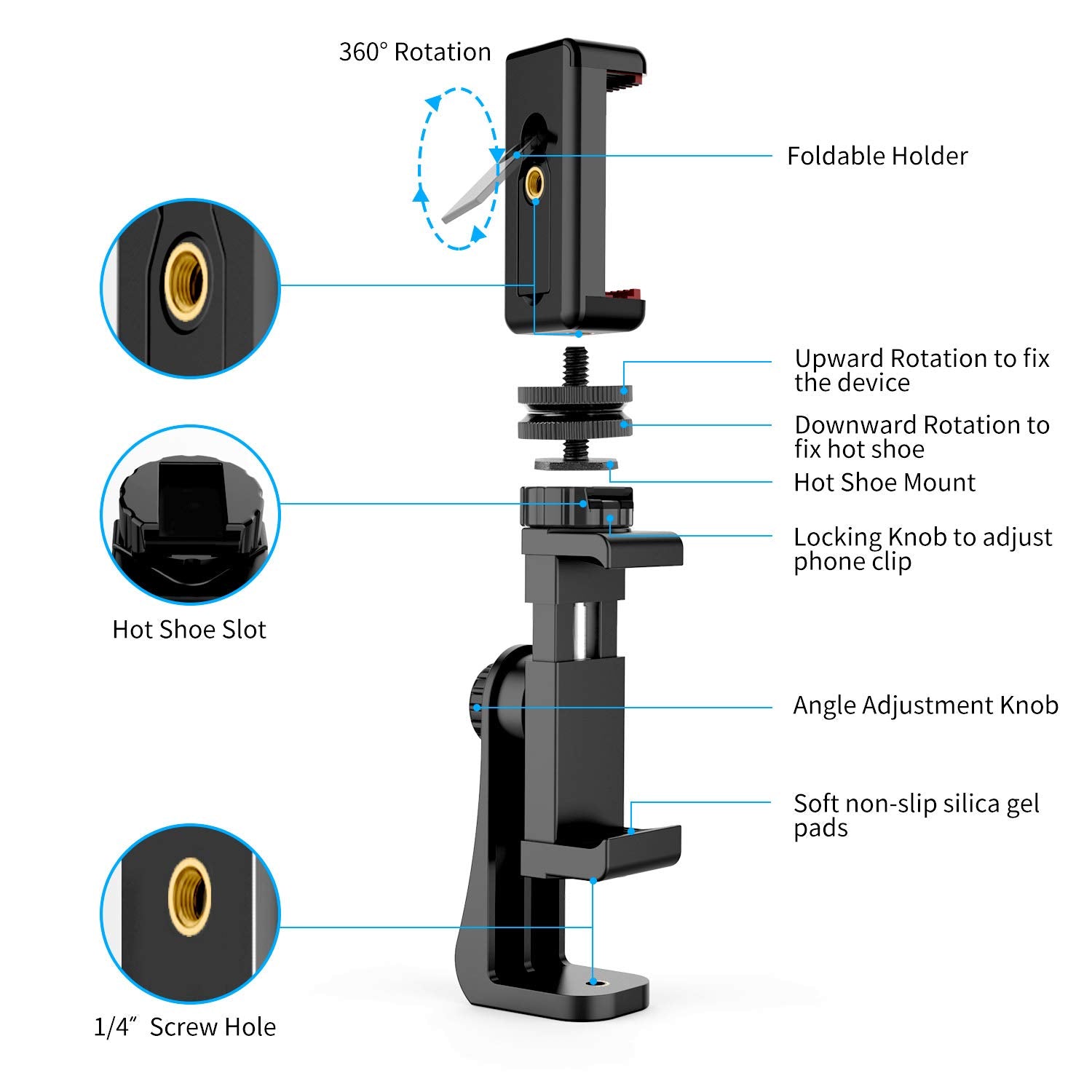 Owine Dual Cell Phone Tripod Mount Adapter 360° Rotation Hot Shoe Clamp Plastic Black