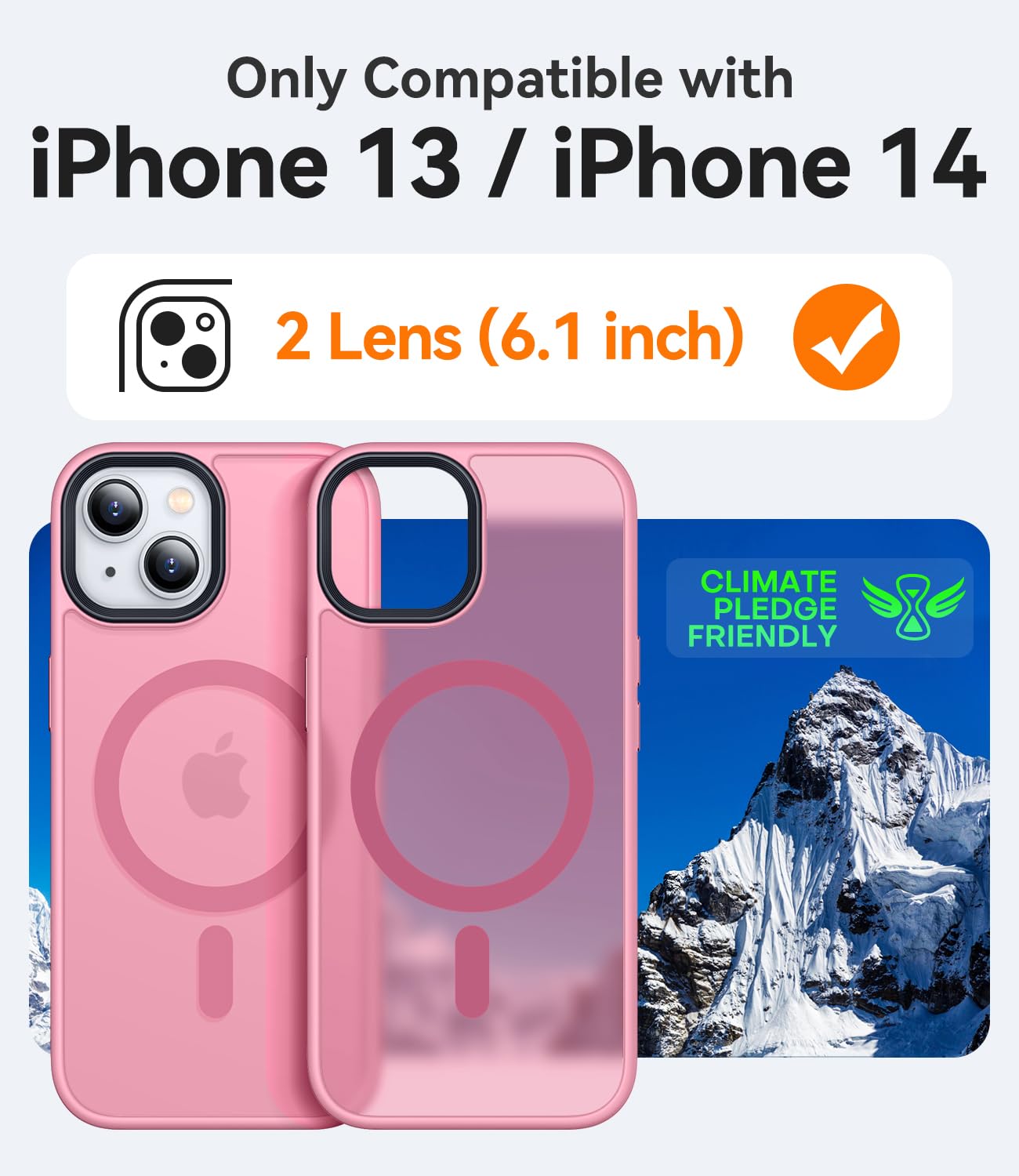 CANSHN iPhone 14/13 Case, Slim Shockproof Cover, Translucent Matte Back, Compatible with MagSafe, Pink, 6.1 Inch