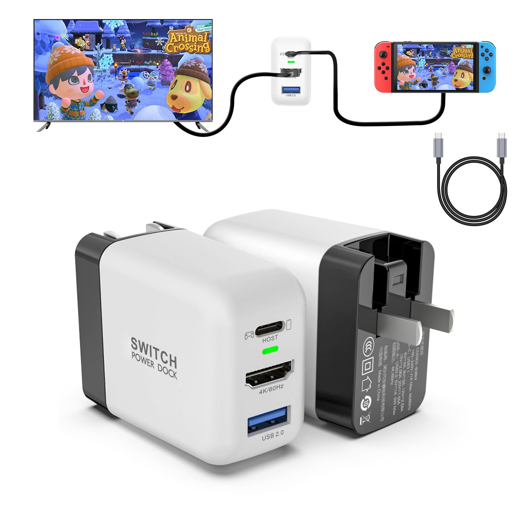 Switch Dock Charger for Nintendo Switch, Mirabox 36W Portable TV Docking Station with 4K@60Hz HDMI/USB2.0/PD USB-C Fast Charging