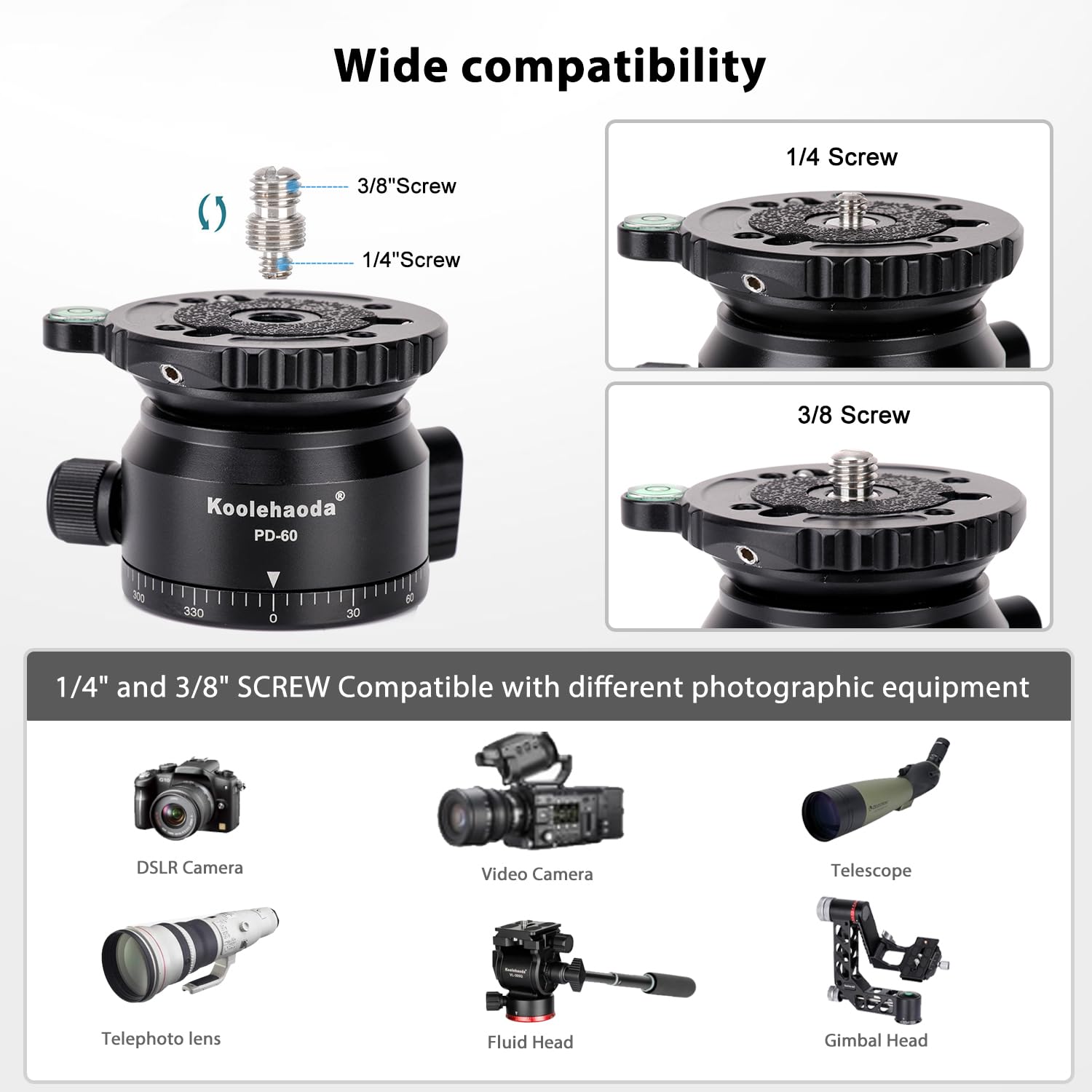 Koolehaoda Tripod Leveling Base Camera Leveler Tripod Head 66Mm Half Ball Inclination 15 And 360 Panoramic, 1/4-3/8 Mounting Scr