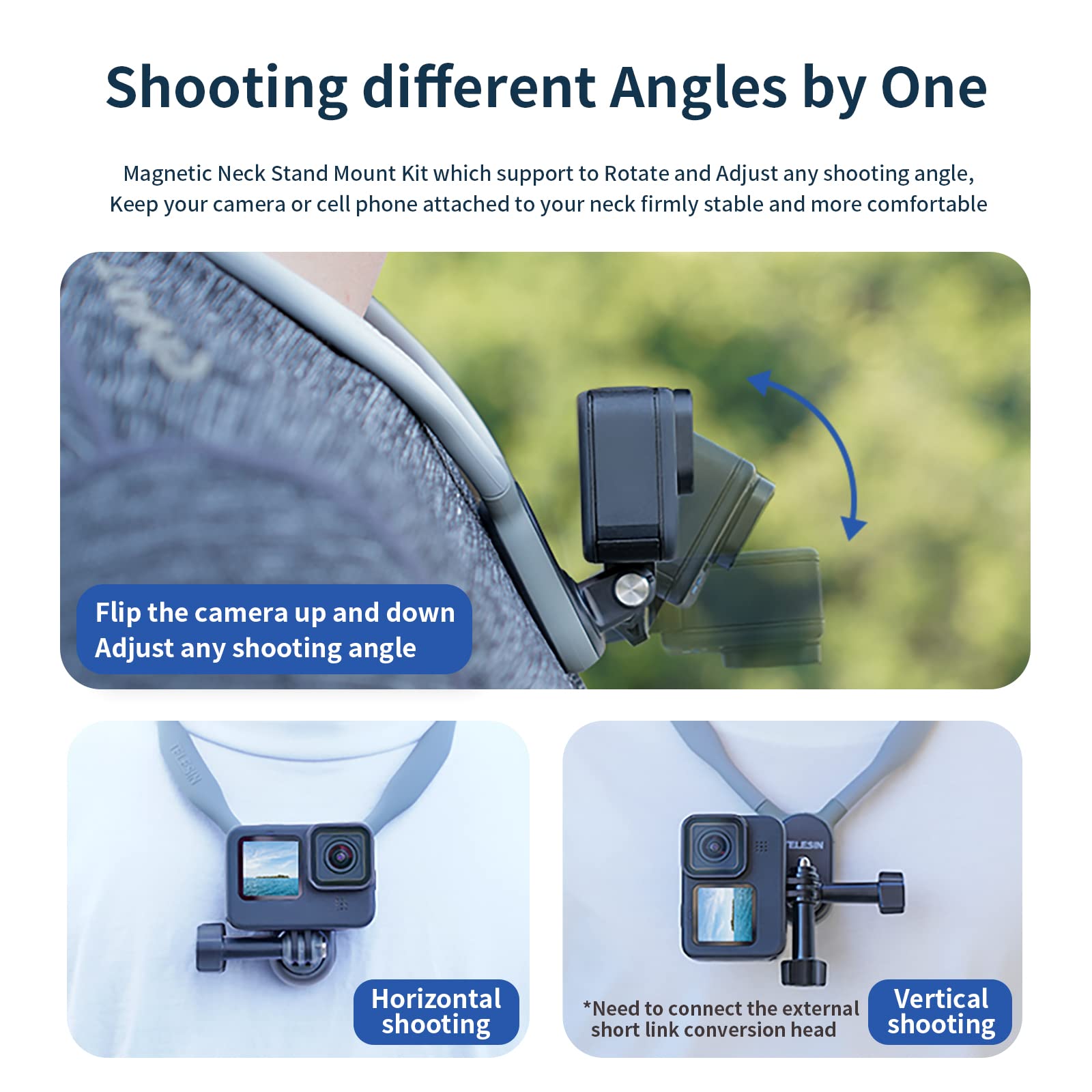 Telesin Magnetic Neck Mount Necklace Holder Lanyard Strap, Chest View Pov Selfie Video Vlog Body Attach For Gopro Max 12 11 10 9 8 7 Insta360 X3 X4 Go3 Ace Pro Dji Action 3 4 Osmo Pocket 3 Accessories