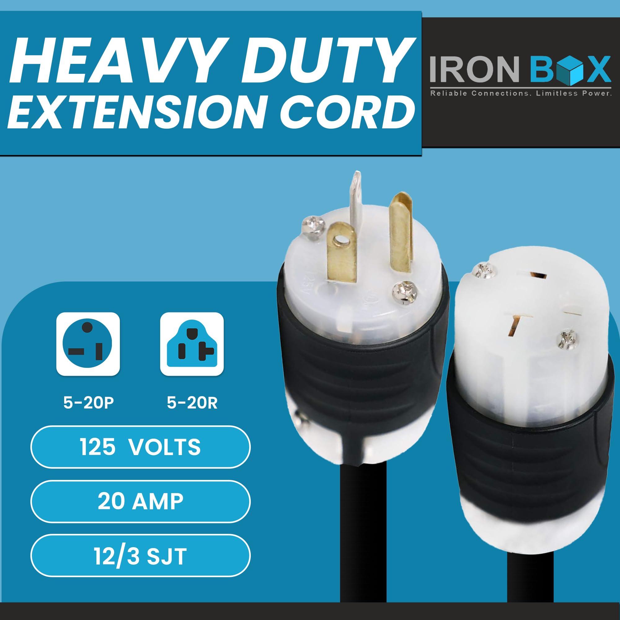 Ironbox Electric Nema 5 20P To 5 20R Extension Cord   20A, 125V, 12/3 Sjt   Heavy Duty Outdoor Generator Cords & Plugs   Ul List