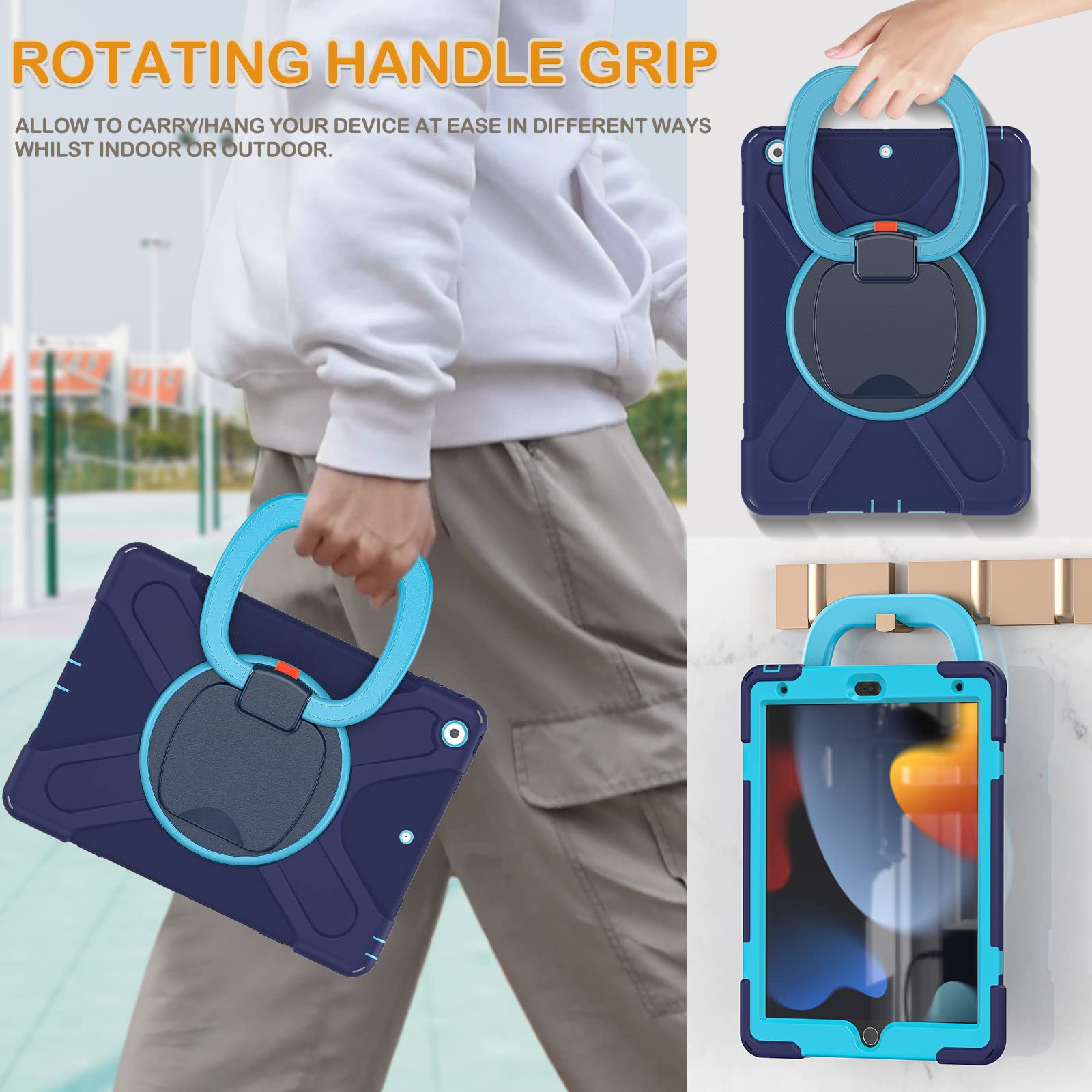 Braecn For Ipad Case 9Th/8Th/7Th Generation,Rugged Kids Friendly Silicon Case With Folding Stand/Handle Grip Pencil Holder Shoul