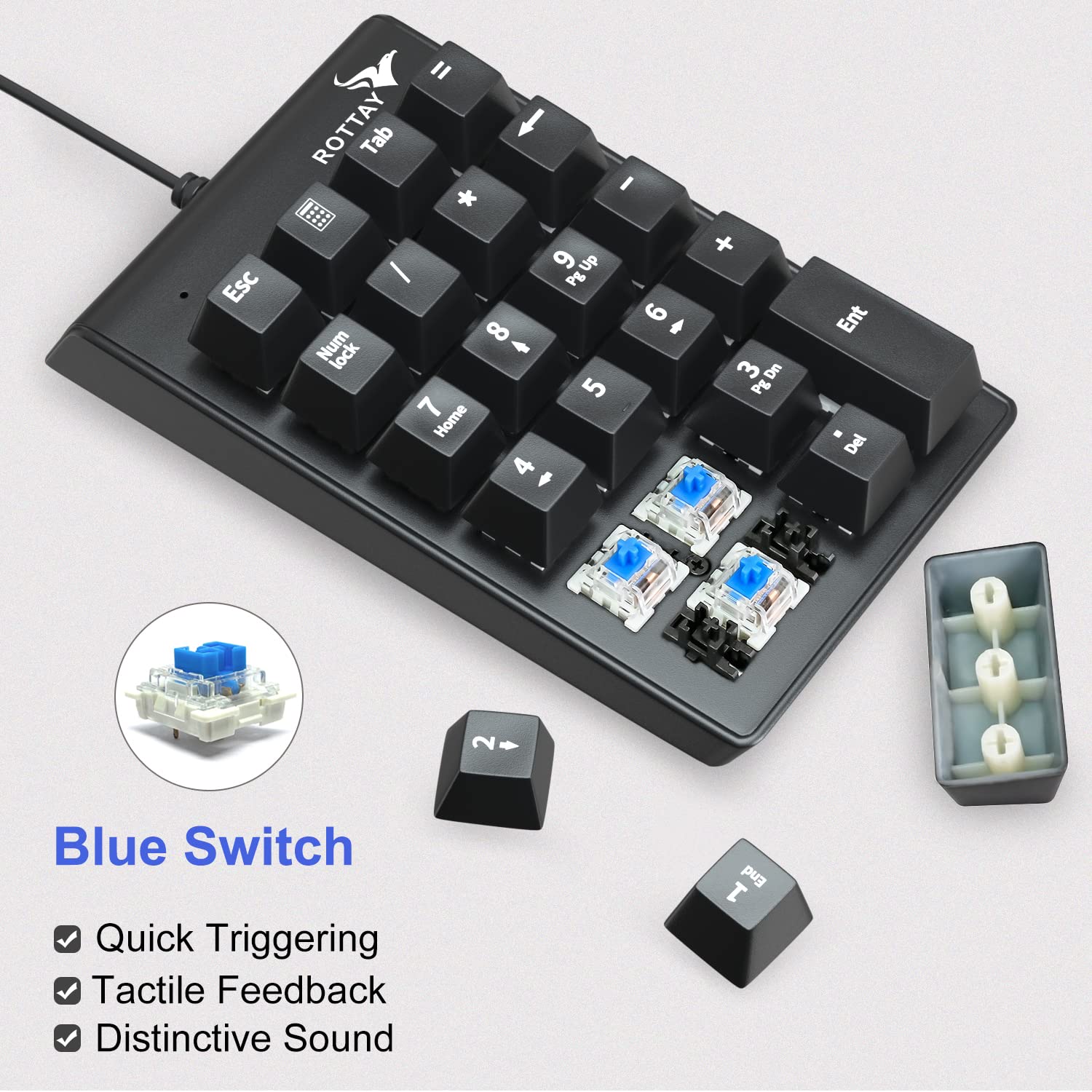 Rottay Number Pad, Mechanical Usb Wired Numeric Keypad With Blue Led Backlit 22 Key Numpad For Laptop Desktop Computer Pc Black