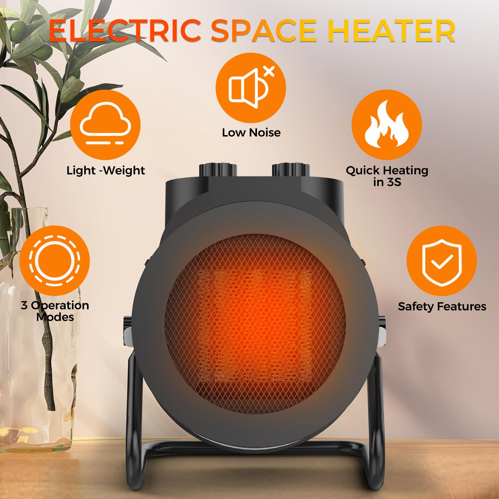 Elevoke Space Heaters For Indoor Use, 1500W Ptc Electric Heater With 90Adjustable Angle, Fast Safety Heat, Small Portable Heater