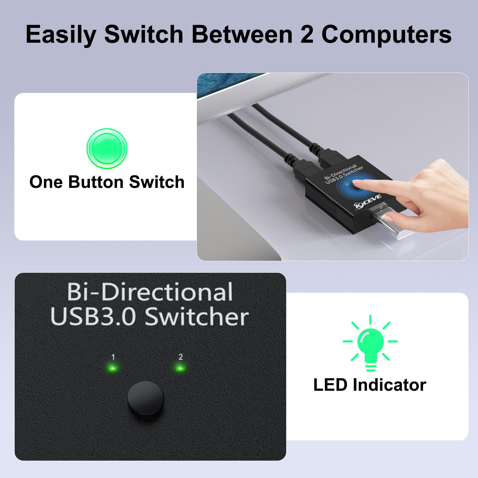 Usb 3.0 Switch Selector, Bi Directional Usb Switch 2 In 1 Out / 1 In 2 Out, Mleeda Usb Switcher For 2 Computers Share Keyboard M