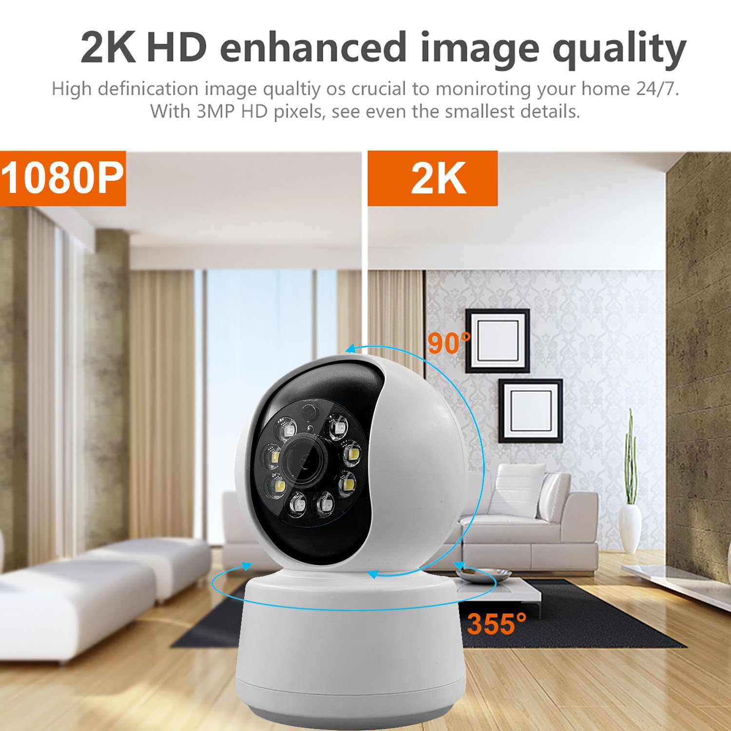 2K Indoor Security Camera, 2.4Ghz/5Ghz 360 View Pan/Tilt Wifi Cameras For Home Security, Pet Dog Baby Camera With Phone App, Mot