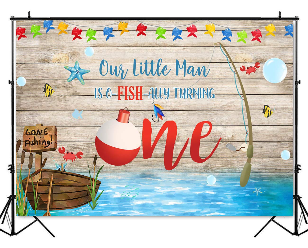 Mocsicka Gone Fishing Birthday Party Backdrop O Fish Ally 1St Birthday Party Decoration For Boy Rustic Wooden Cake Smash Photogr
