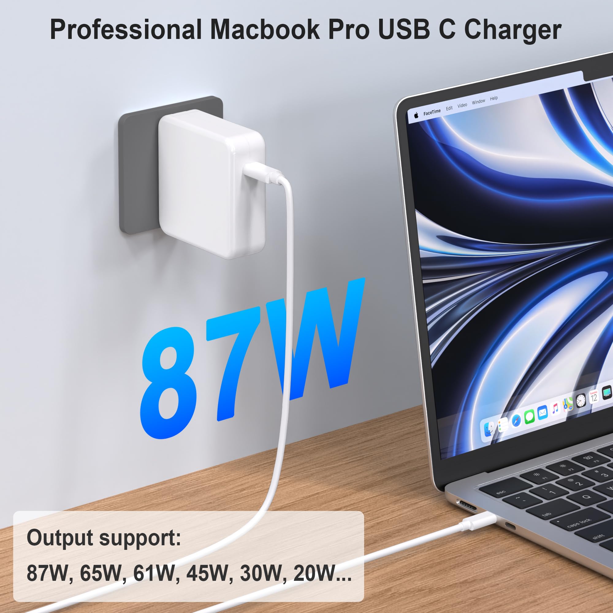 Macbook Pro Charger,87W Usb C Fast Charging Laptop Charger Power Adapter For 13 14 15 Inch Macbook Pro Models Introduced In 2016