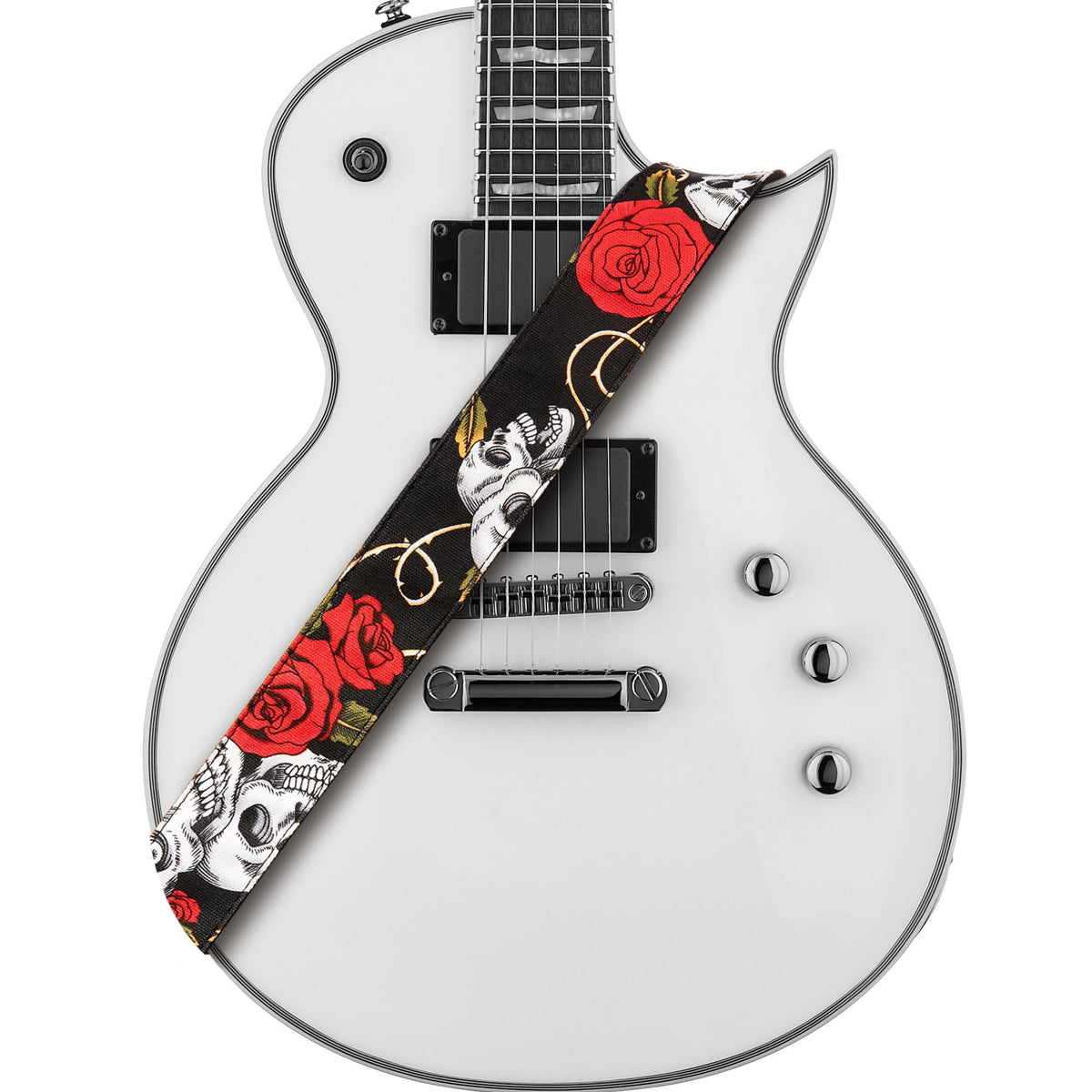 Amumu Skull Rose Guitar Strap Red Denim For Acoustic, Electric And Bass Guitars With Strap Blocks & Headstock Strap Tie   2'' Wi