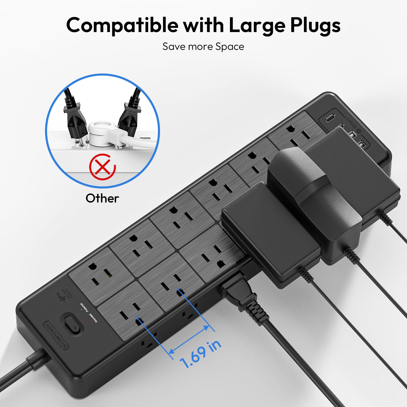 24 Widely Outlets Extension Cord 10 Ft Ntonpower 15A/1875W Power Strips With Surge Protection 4000J,Black Extension Cord Surge P