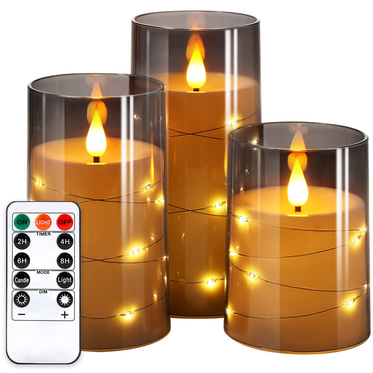 NURADA Flickering Flameless Candles: Built-in Star String Lights Unbreakable 3D Wick Acrylic Battery Operated LED Pillar Candles