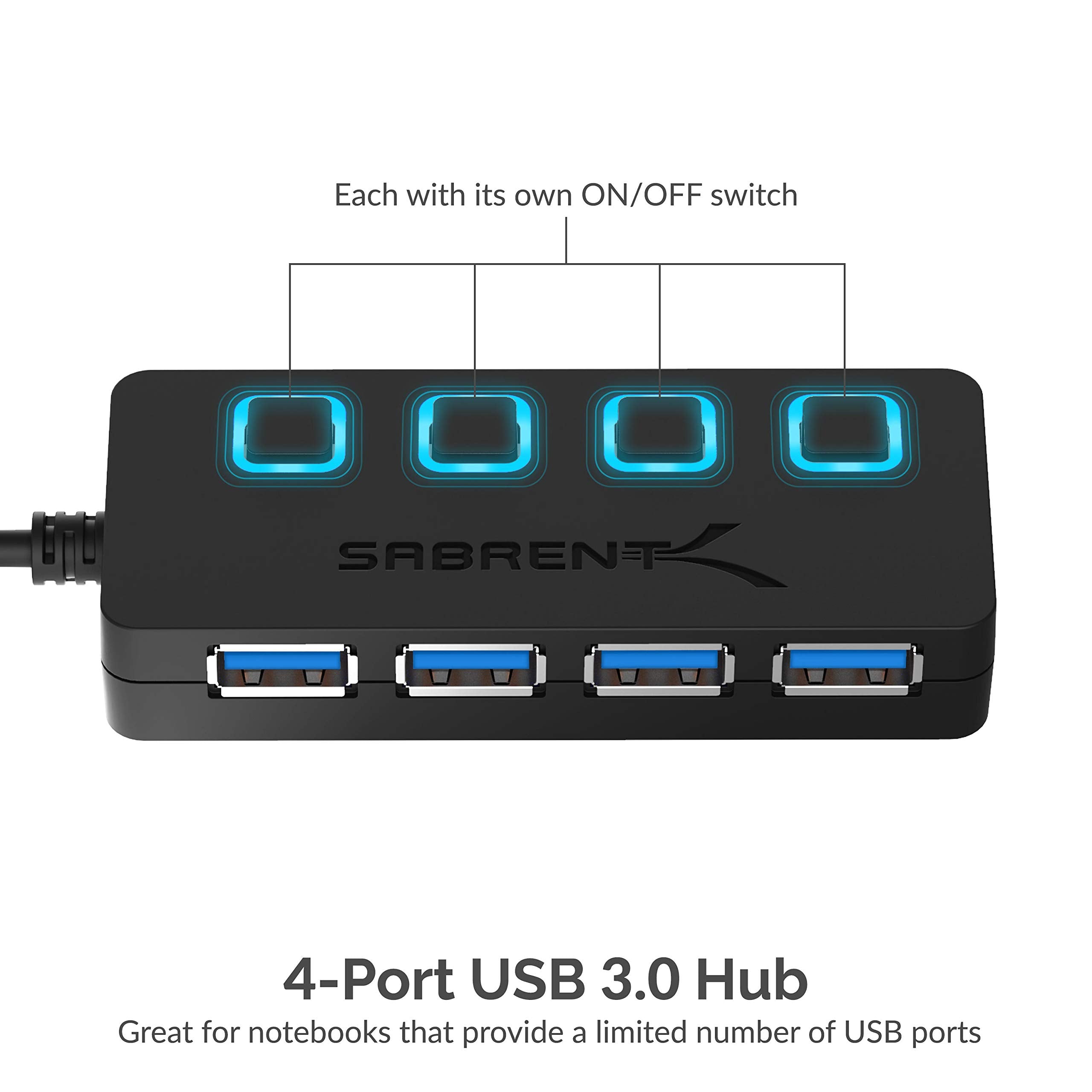Sabrent 4 Port Usb Hub, Usb 3.0 Fast Data Hub With Individual Led Power Switches, 2 Ft Cable, Slim & Portable, For Mac & Pc (Hb