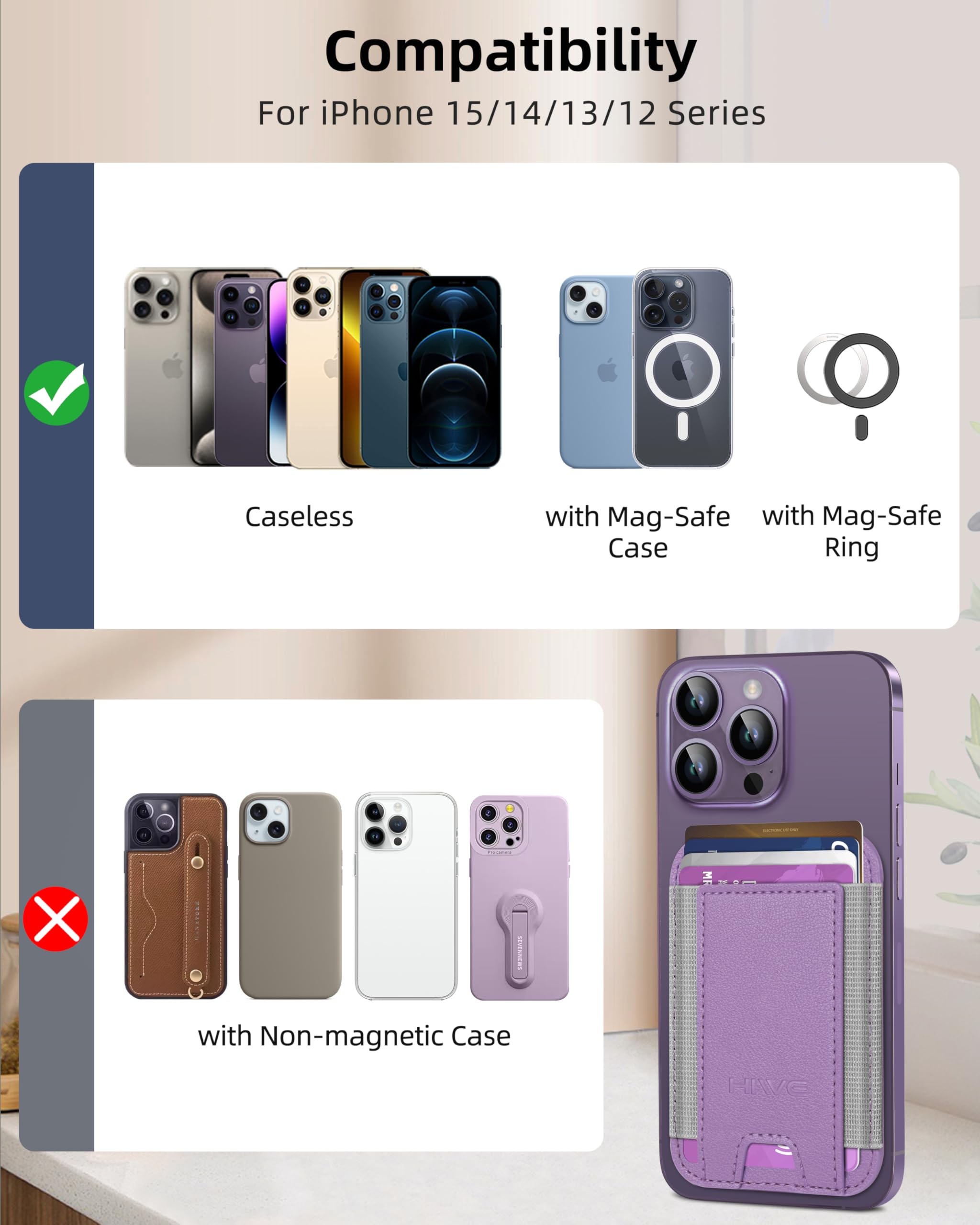 Hiwe For Magsafe Wallet, Magnetic Card Holder For Iphone 16/15/14/13/12 Series, Minimalist Leather Wallet, 1 Slot, Fit 6 Cards,