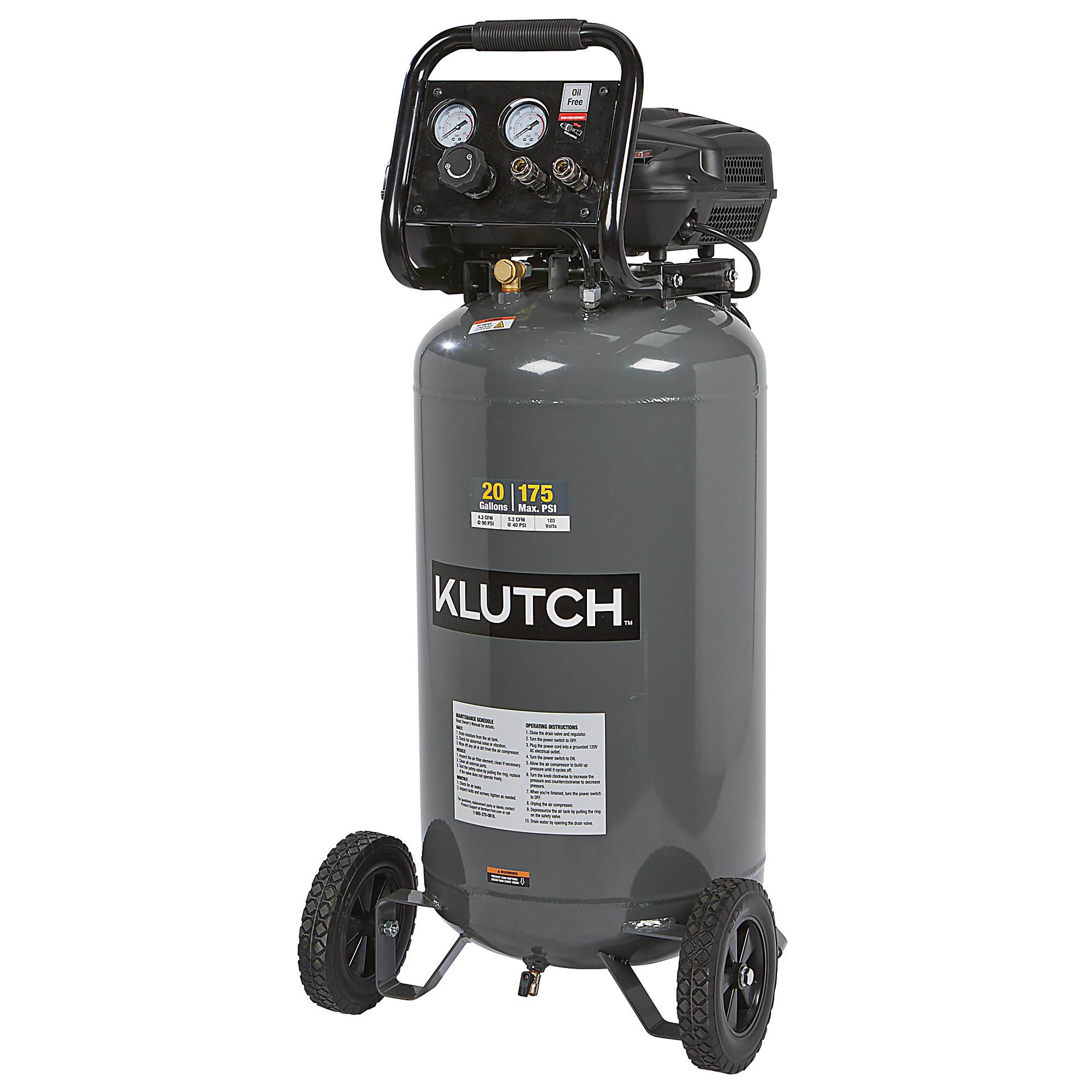 Klutch Portable Air Compressor, Workshop Air Compressor With Oil Less Pump, 2 Hp Motor, Thermal Overload Protection, Rubber Foot