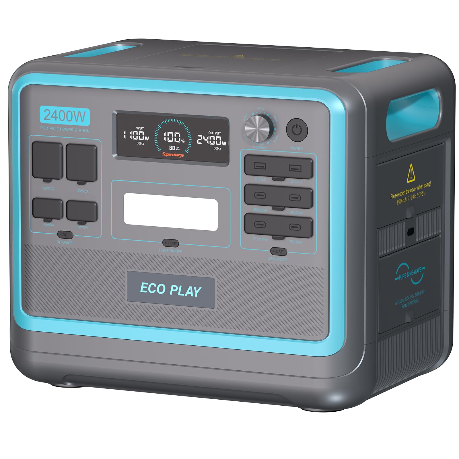 Ecoplay SYD2400 Portable Power Station, 2048Wh LiFePO4 Battery Backup, 2400W Solar Genarator with 500W Solar Input, Adjustable I